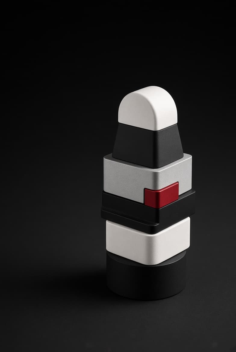 Una escultura de bloques blancos, negros y de aluminio con un único detalle rojo