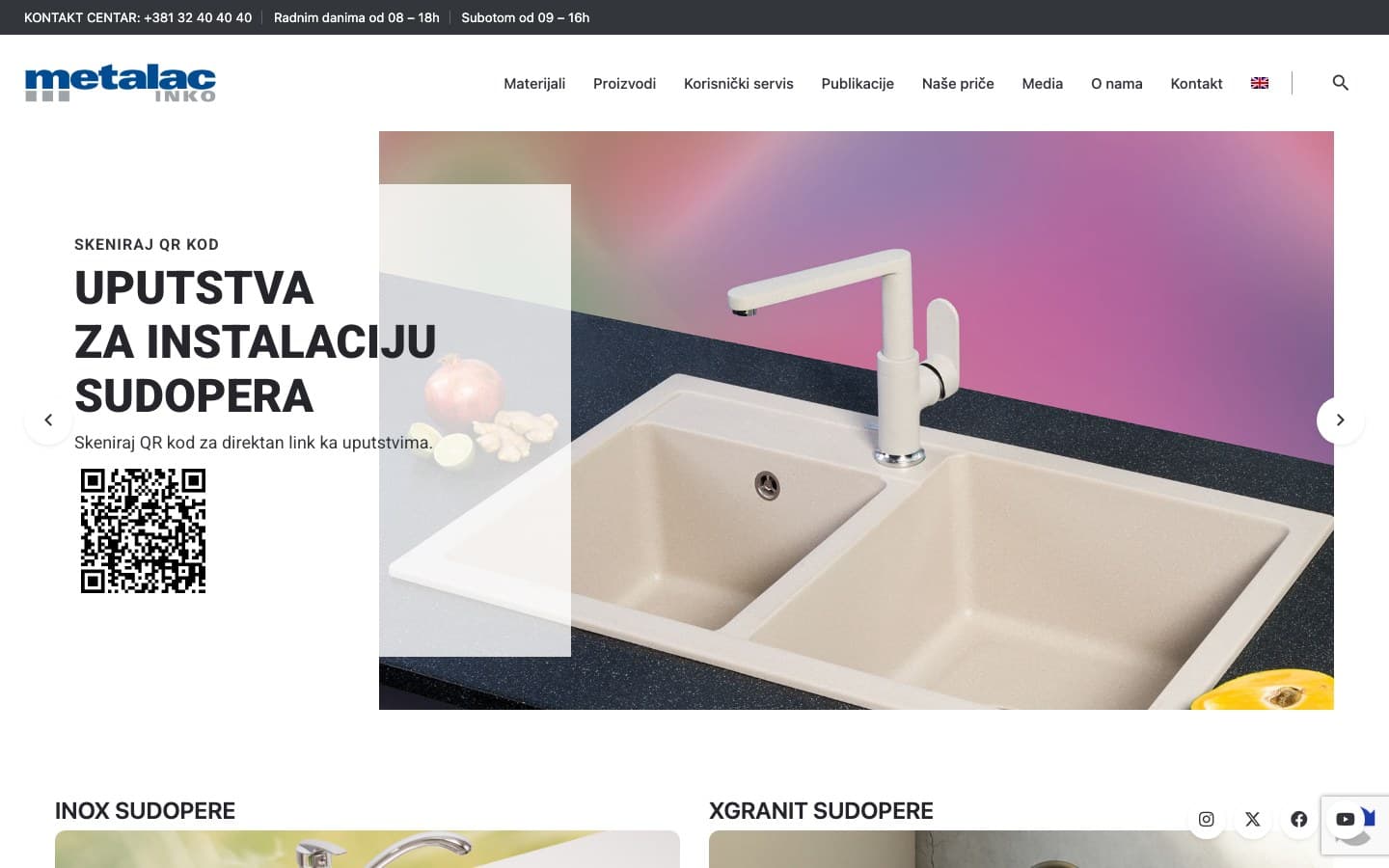Metalac Inko: Full product platform for Metalac Inko kitchen sinks — INOX and XGranit catalogues, installation guides via QR, publications, and multilingual customer service portal.
