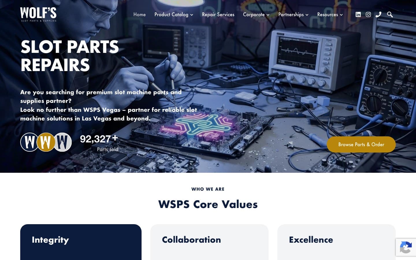 WSPS Vegas: Full-stack B2B platform for slot machine parts and repair services — product catalog, corporate portal, and partner resources serving 300+ casinos worldwide.