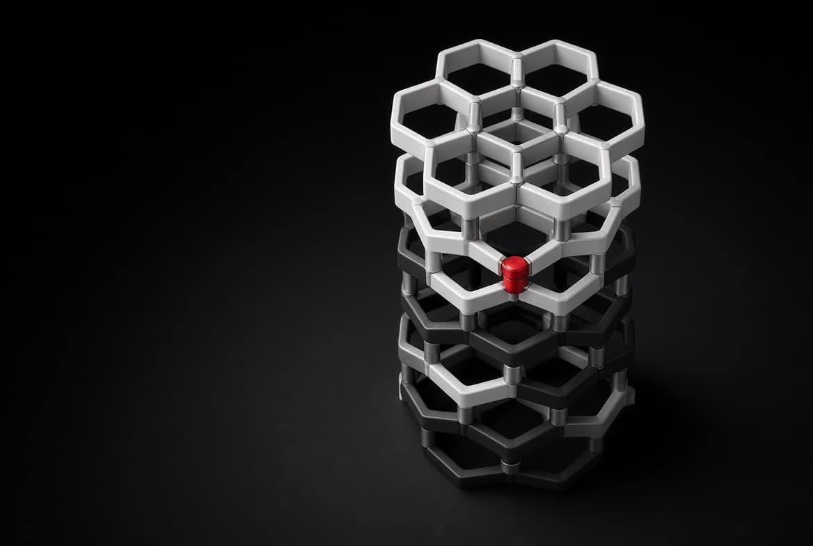 Una torre de marcos hexagonales de aluminio unidos con pasadores, con un conector rojo en el centro