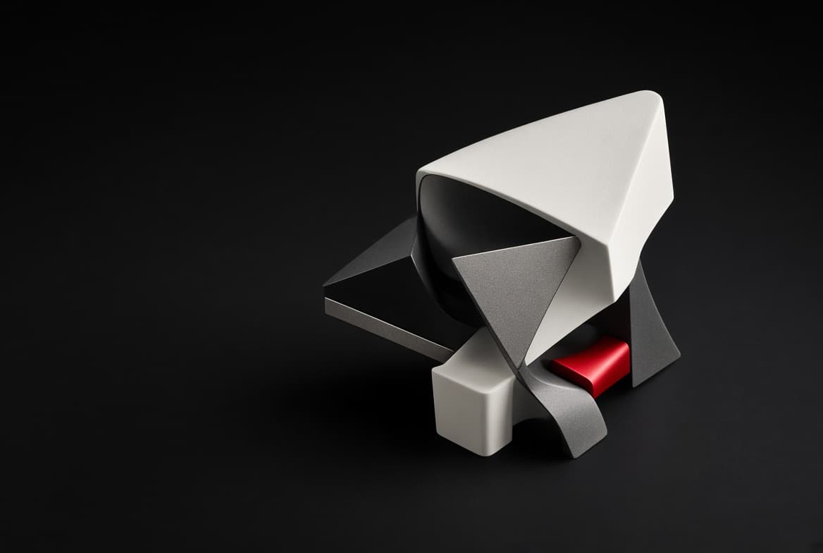 Formas esculpidas en blanco, gris y negro encajadas alrededor de un pequeño bloque rojo
