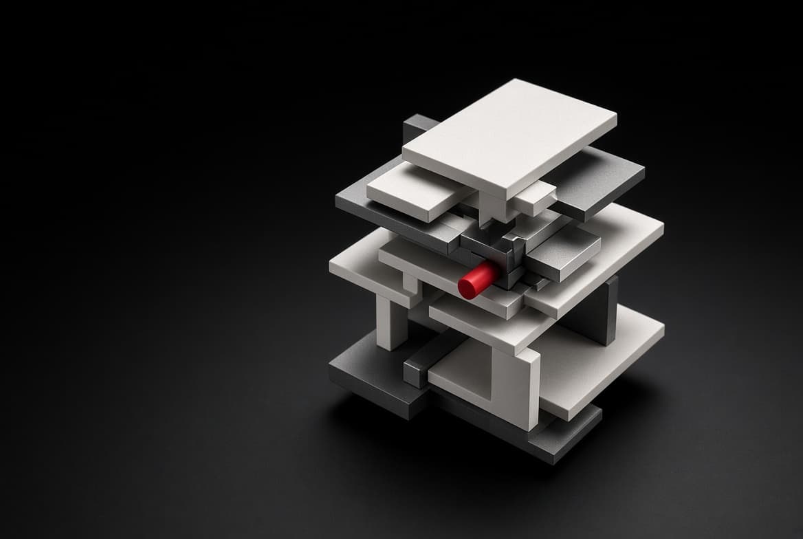 Losas blancas y grises apiladas como una maqueta arquitectónica, atravesadas por una varilla roja