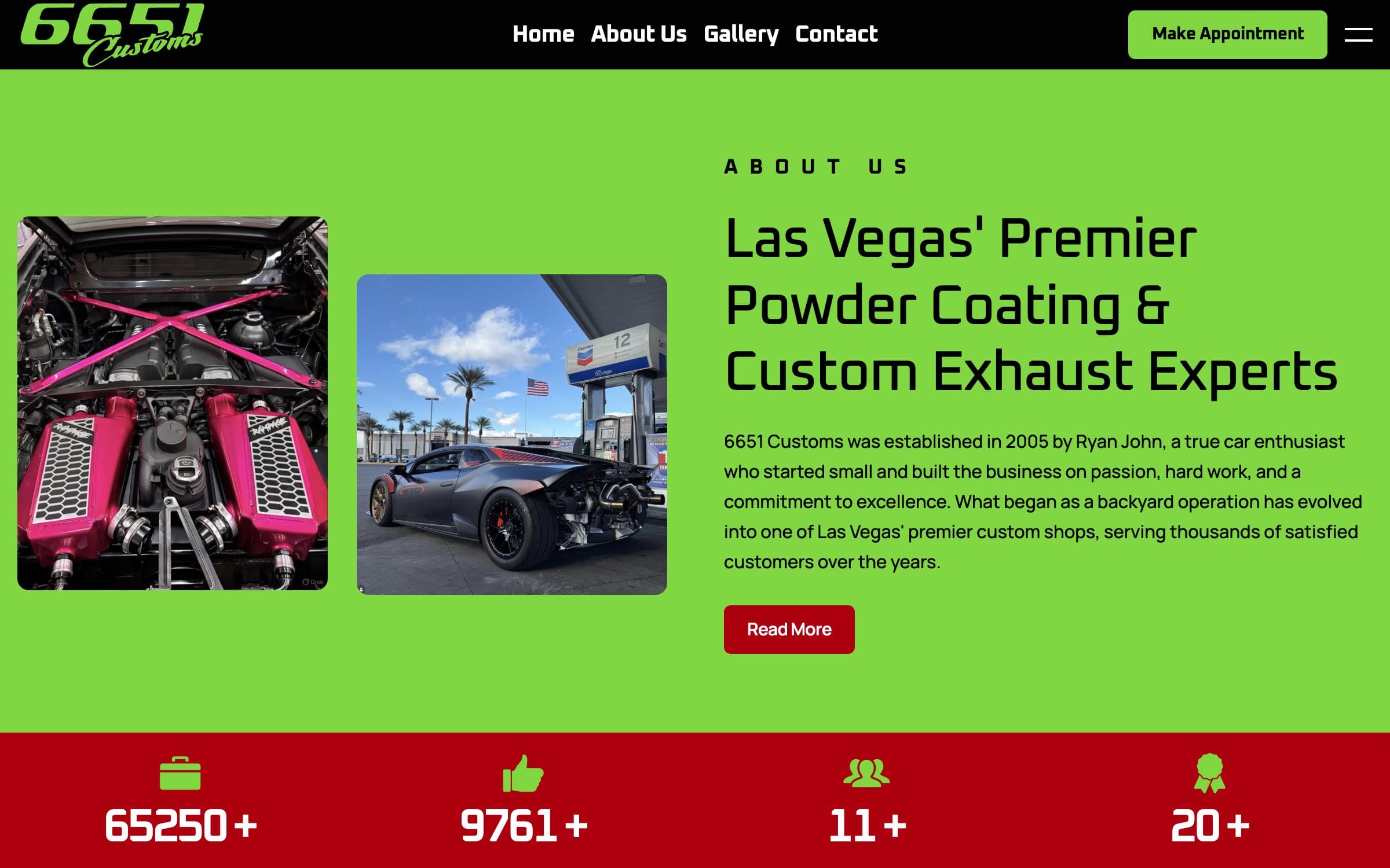 Sección Sobre nosotros en verde ácido — «Las Vegas’ Premier Powder Coating & Custom Exhaust Experts» junto a un motor rosa y un superdeportivo mate en una gasolinera, sobre una franja roja de estadísticas