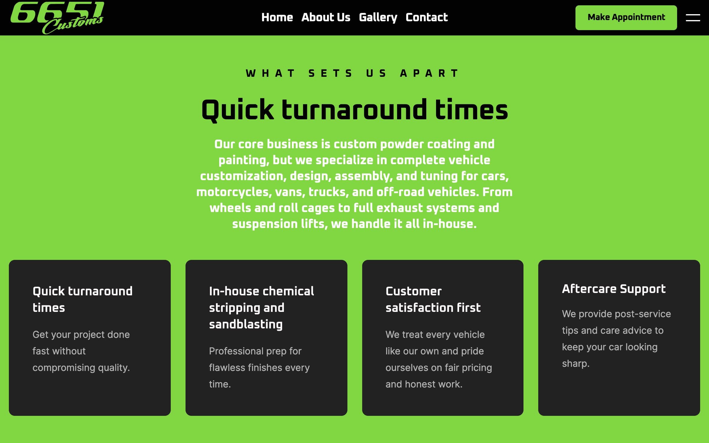 Sección verde «Qué nos diferencia» con el titular «Quick turnaround times» y cuatro tarjetas oscuras: rapidez, decapado y chorreado propios, satisfacción del cliente y posventa