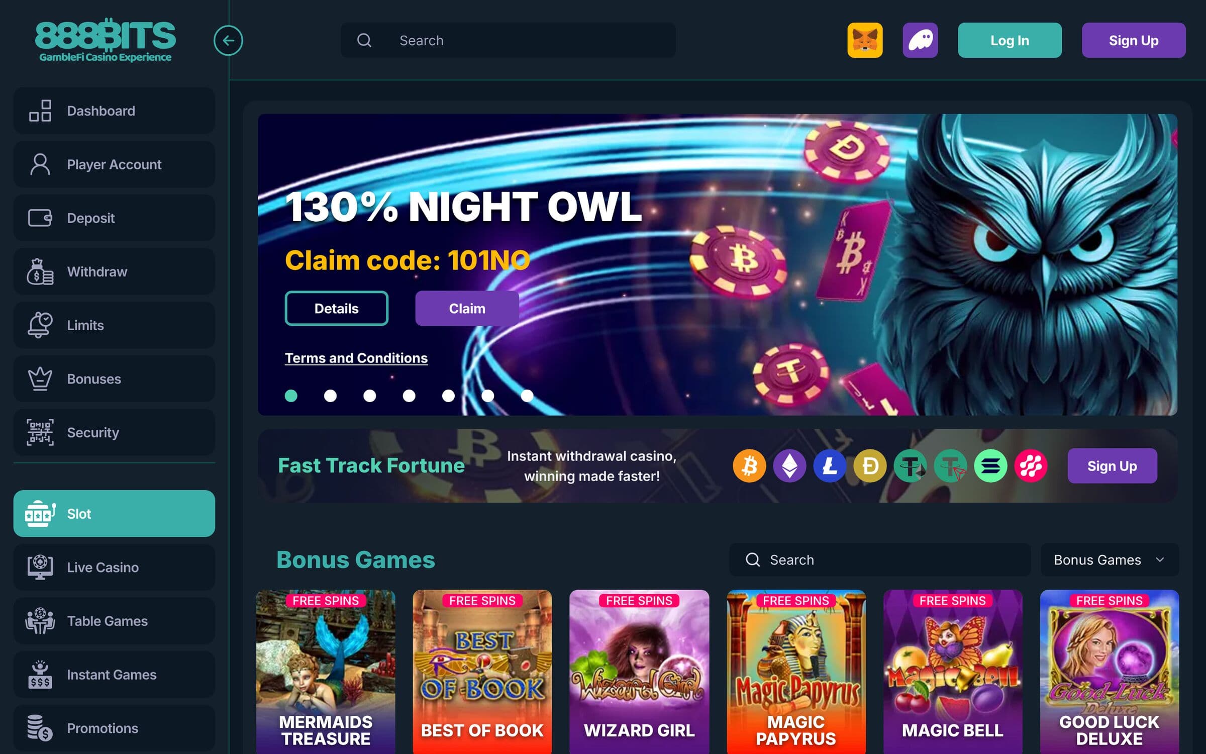 Lobby del casino 888BITS: banner de la promoción Night Owl con código de canje, una franja de criptomonedas admitidas y una cuadrícula de slots junto a la barra lateral de la cuenta