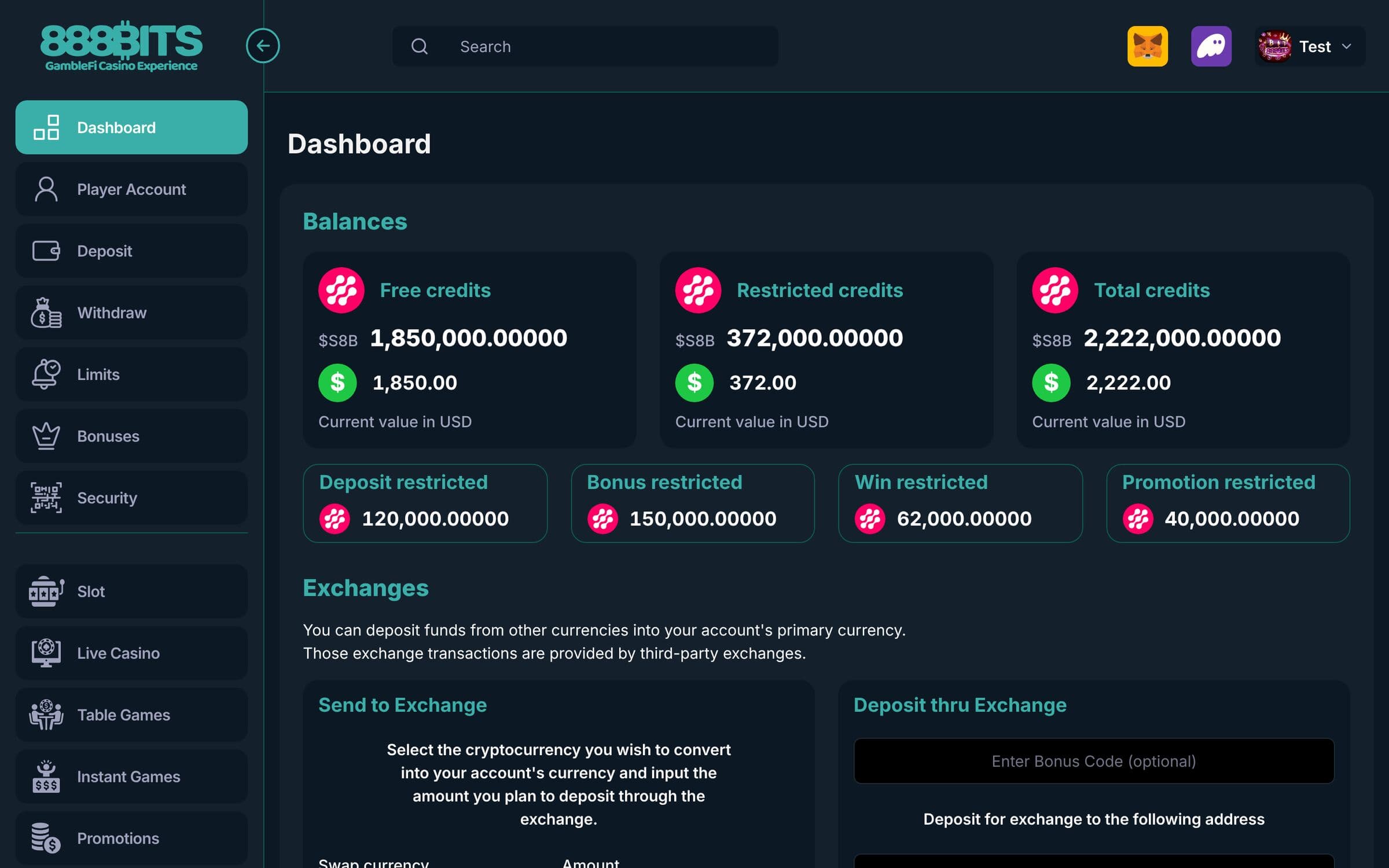 Panel del jugador con saldos de crédito S8B libres, restringidos y totales con su valor en USD, los fondos restringidos desglosados por depósito, bonus, premio y promoción, y la sección de cambio