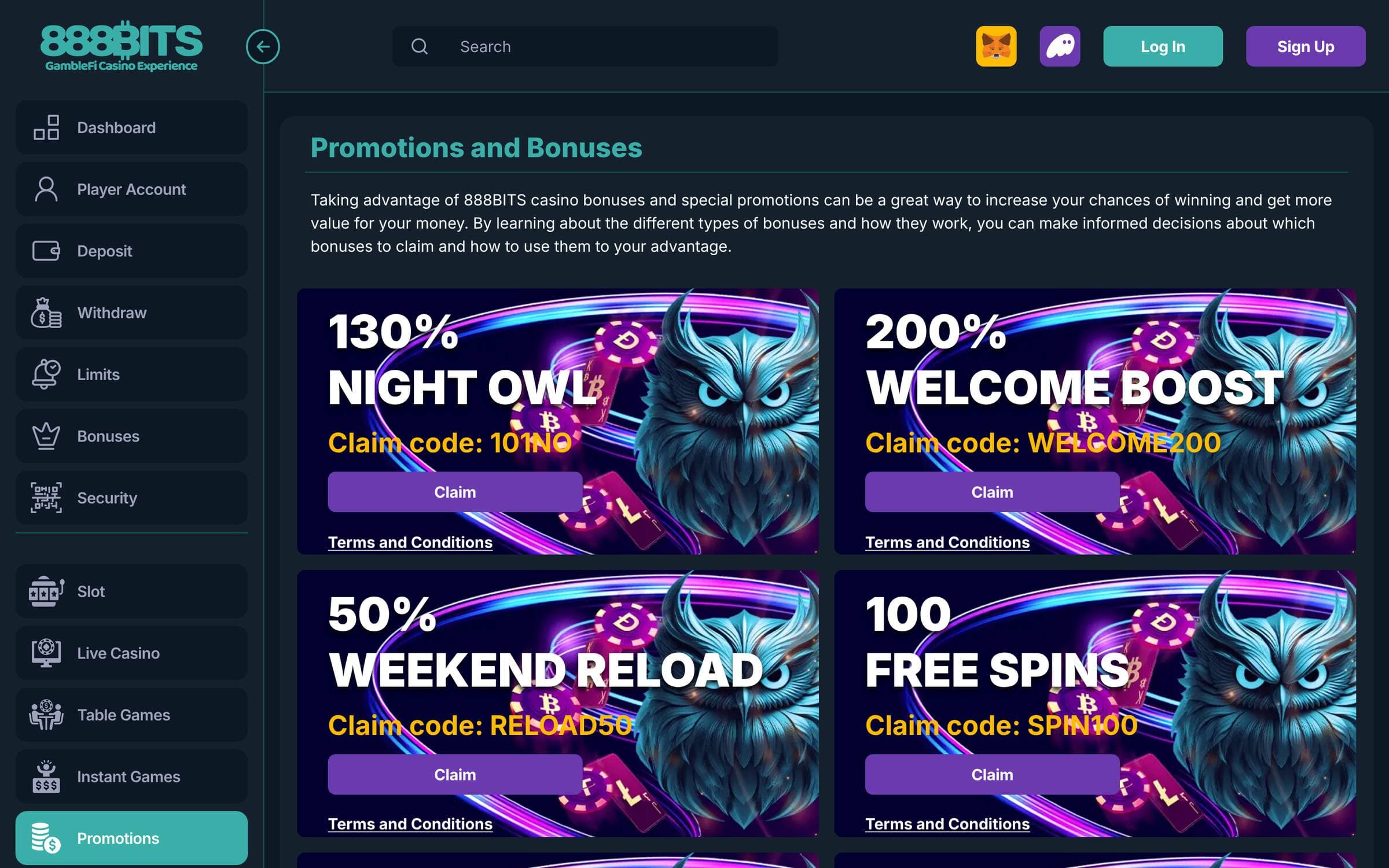 Página de promociones con las ofertas Night Owl, Welcome Boost, Weekend Reload y Free Spins, cada una con código de canje y enlace a sus condiciones