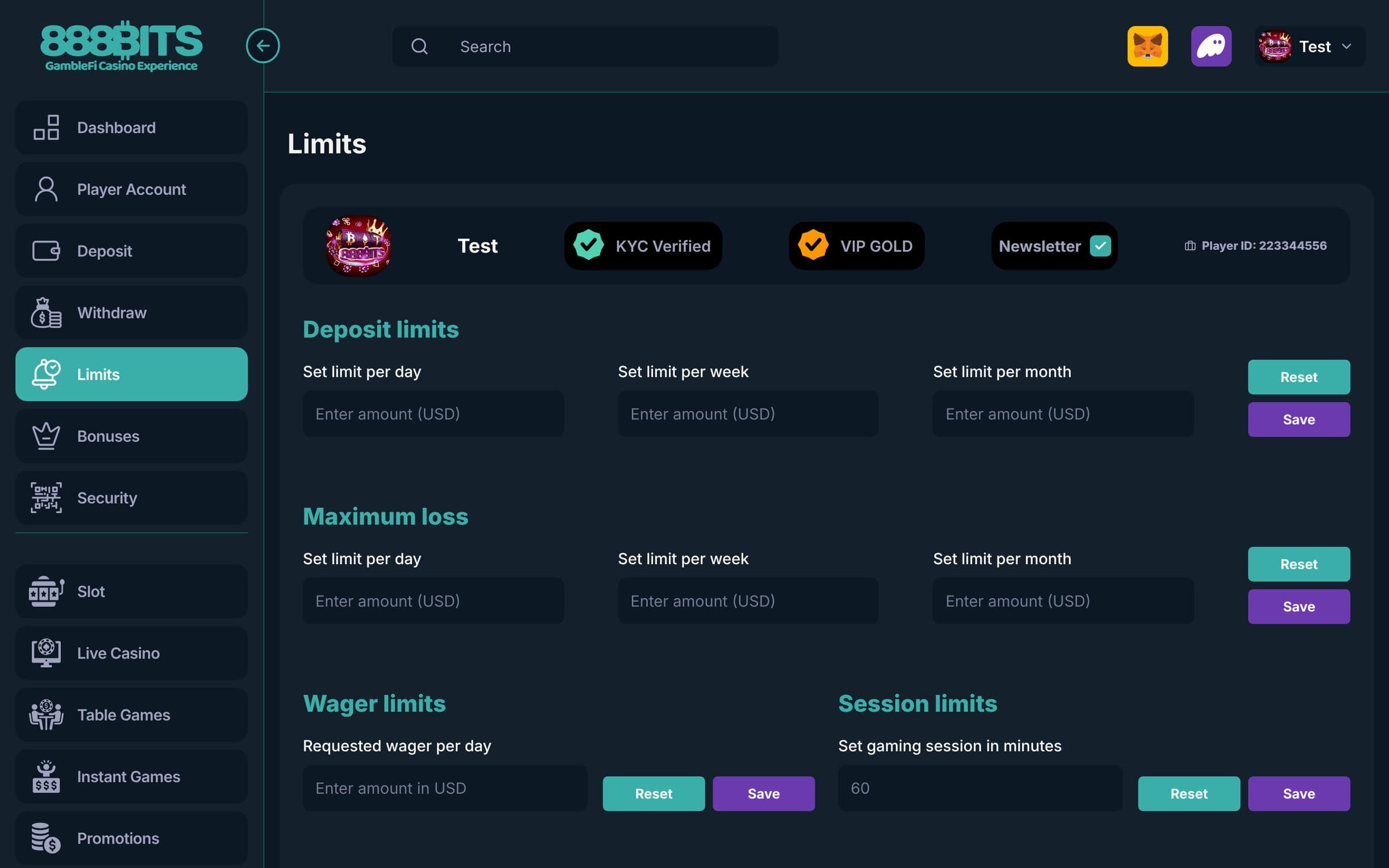 Página de límites de juego responsable con límites de depósito, pérdida máxima, apuesta y sesión, bajo una cabecera de jugador con estado KYC verificado y VIP Gold