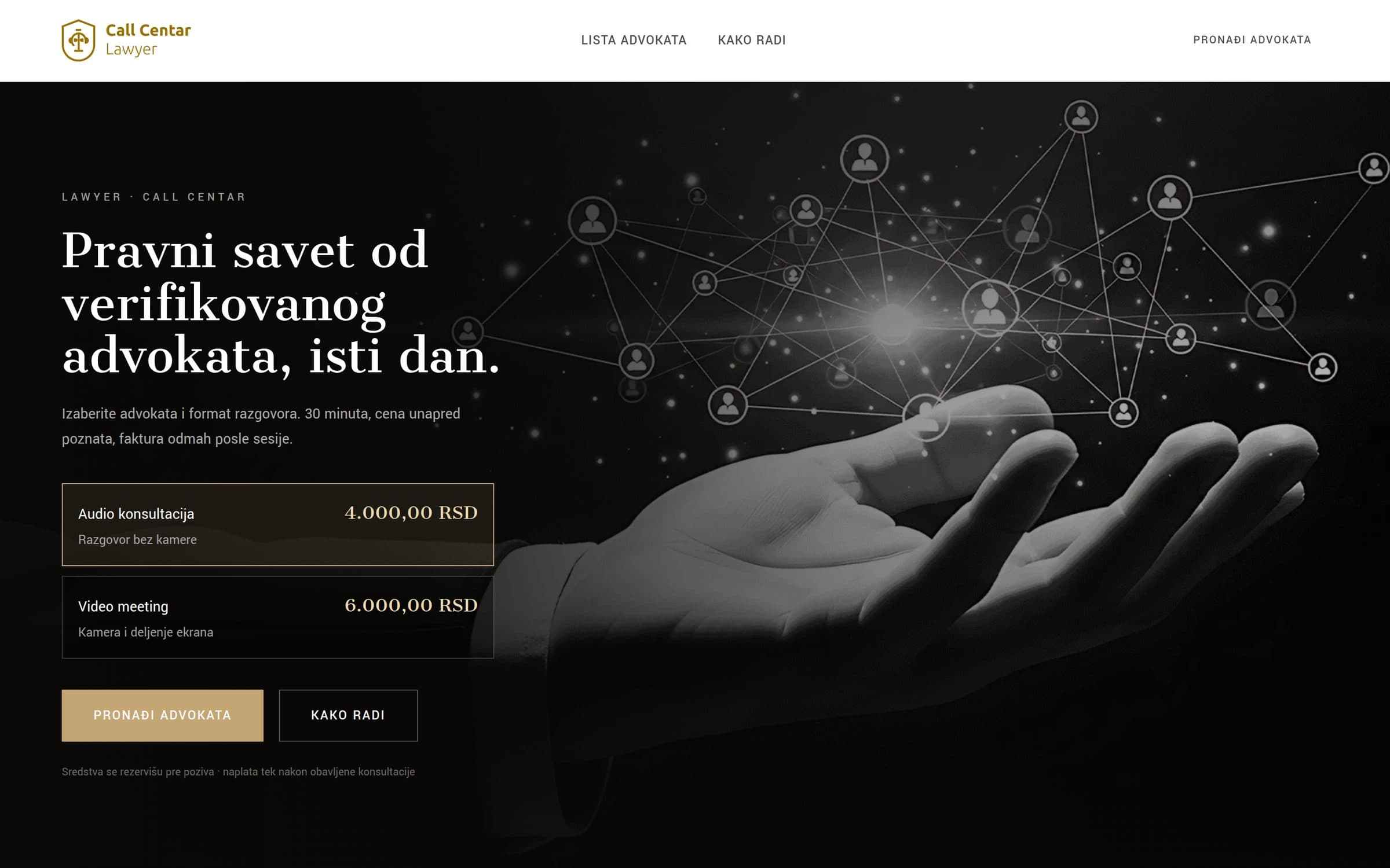 Direct Lawyer landing page: headline offering same-day legal advice from a verified lawyer, with audio and video consultation prices listed in dinars