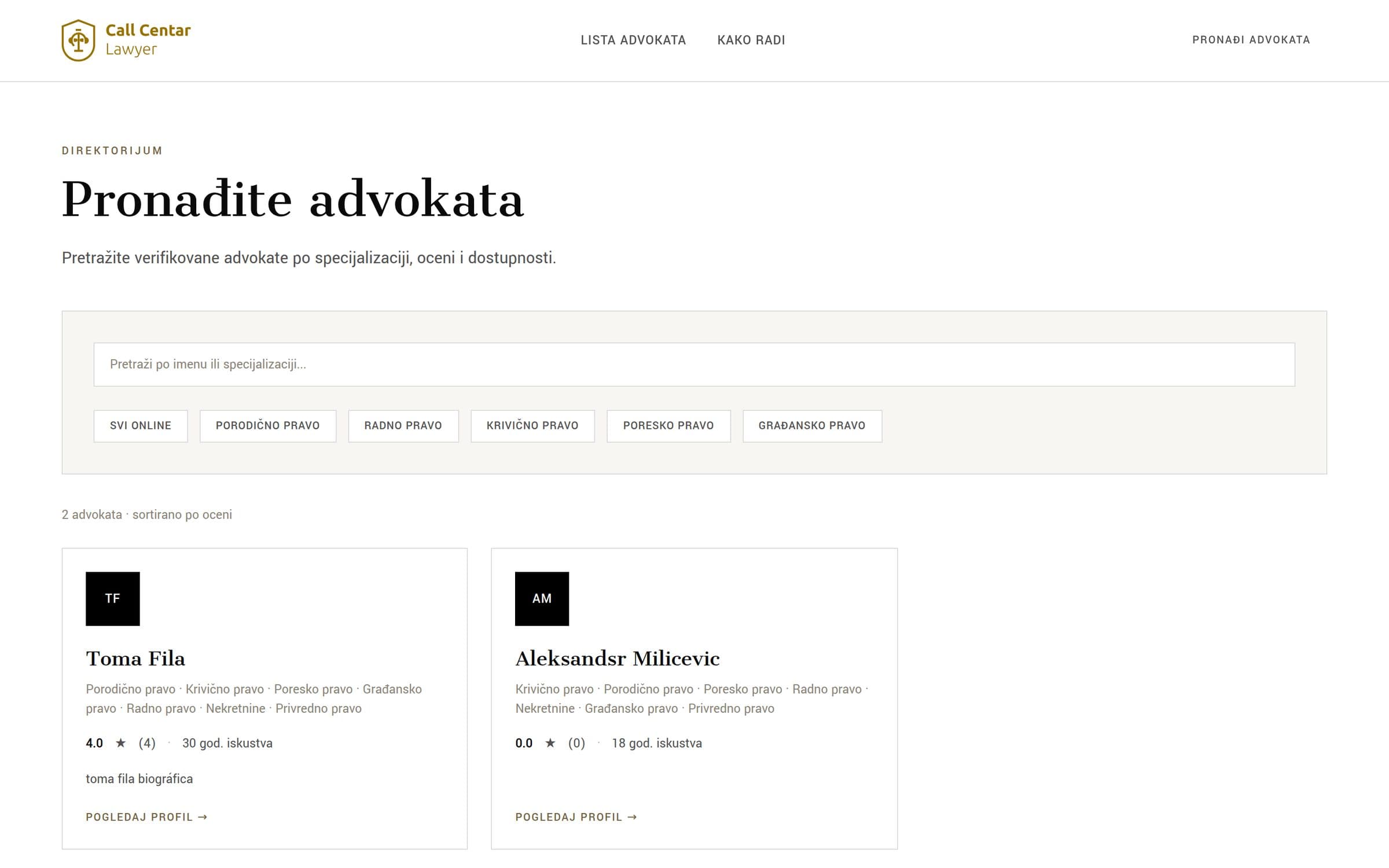 Attorney directory with a search field, practice-area filters, and lawyer cards showing rating and years of experience