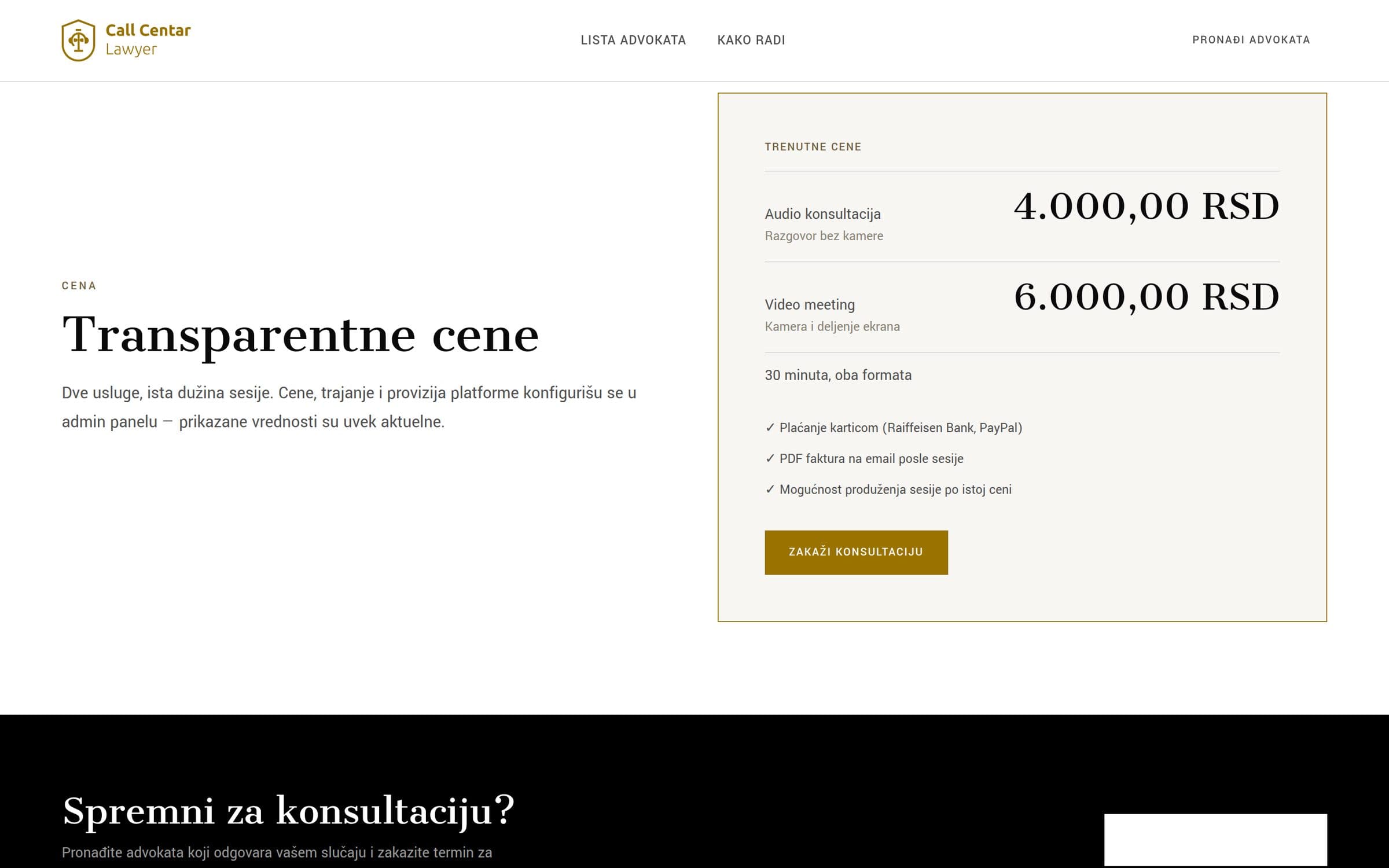 Pricing section showing audio and video consultation rates, session length, and payment and invoicing details