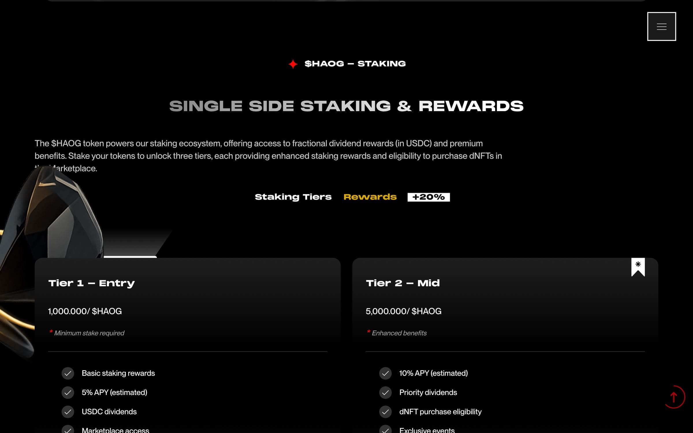 Single-side staking section with Tier 1 Entry (1,000 $HAOG) and Tier 2 Mid (5,000 $HAOG) cards listing estimated APY, USDC dividends, marketplace access and dNFT eligibility, each with a Stake Now button