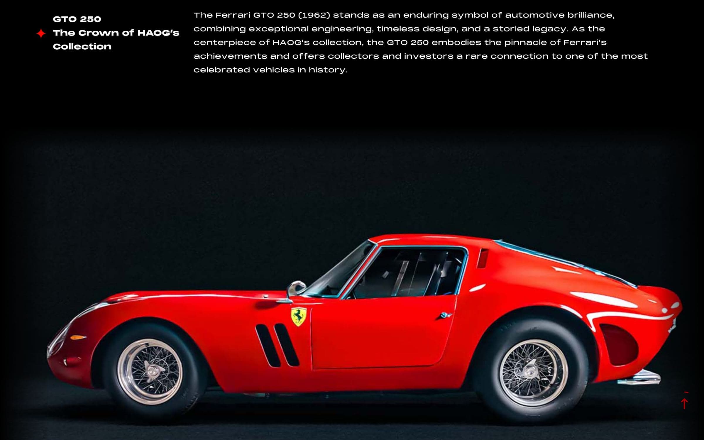 Ferrari 250 GTO asset page: “GTO 250 — The Crown of HAOG’s Collection” heading and introduction above a full-width photograph of the red 1962 GTO