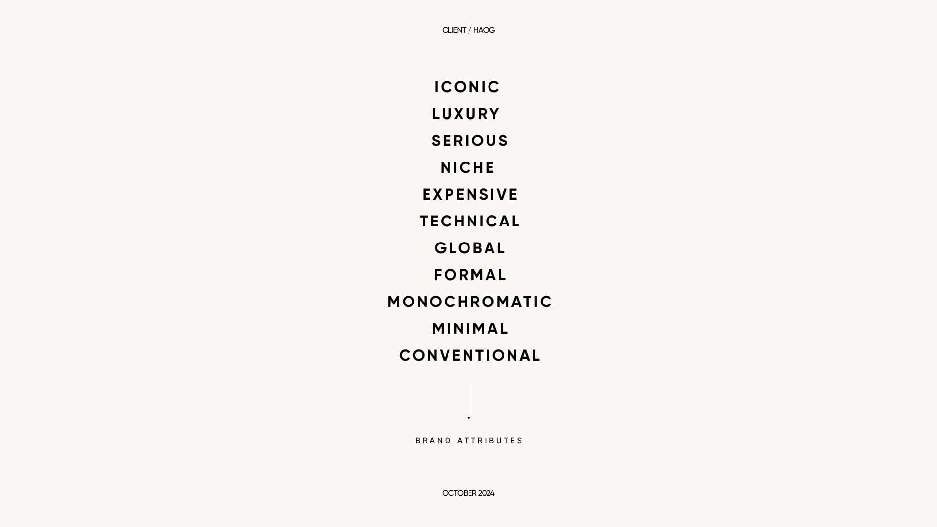 A stacked list of brand attributes: iconic, luxury, serious, niche, expensive, technical, global, formal, monochromatic, minimal, conventional