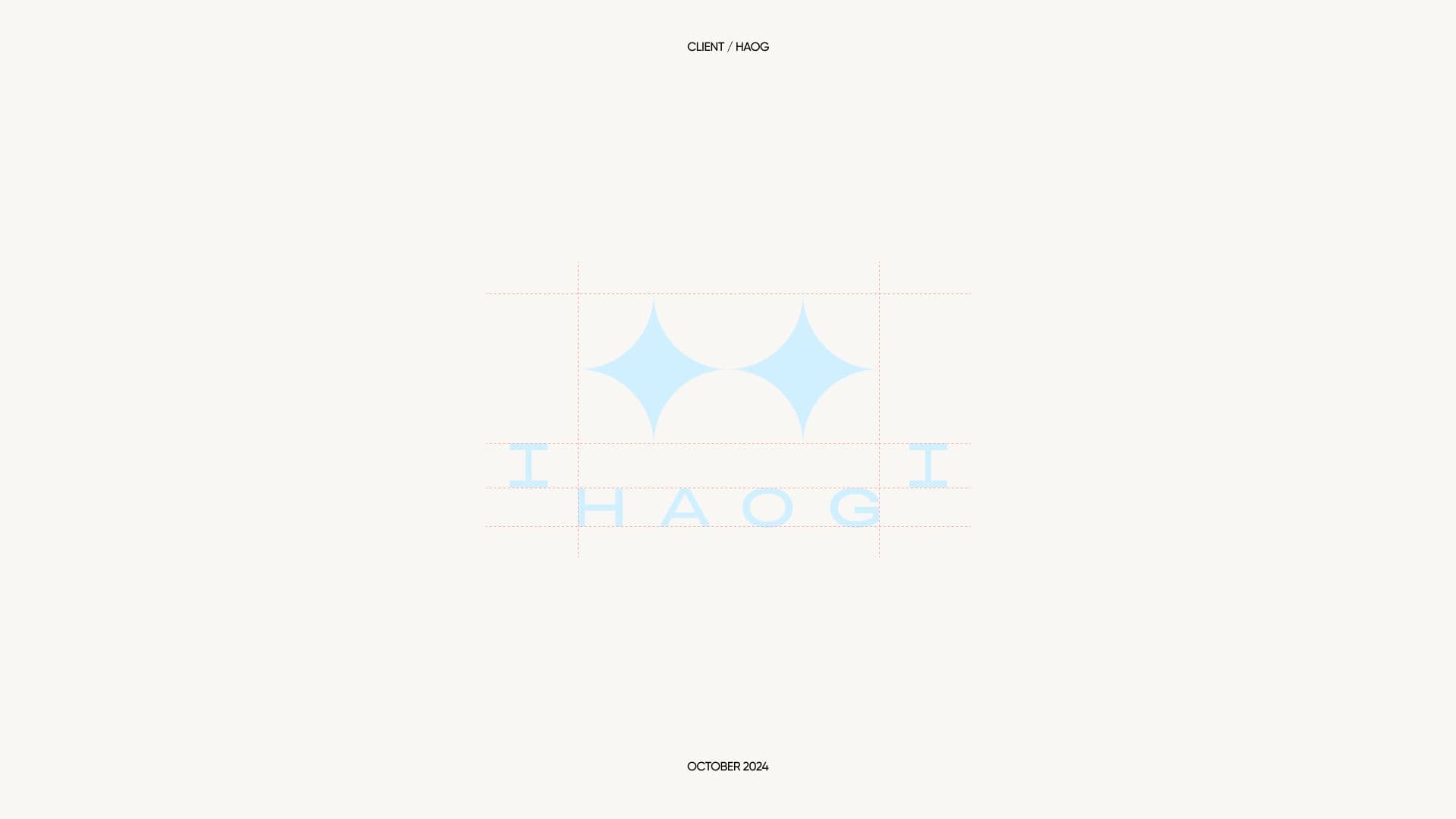 The HAOG logo drawn over its construction guides, with matching proportions between mark and logotype