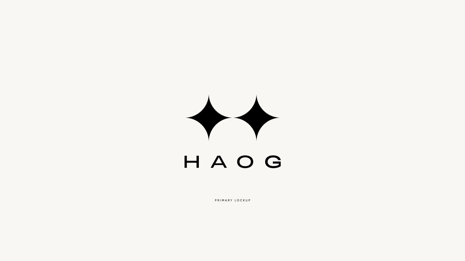 HAOG Brand Identity: Identity for a protocol that tokenises classic cars — a twin-star logomark built from the Ruler archetype, an extended display face, a charcoal-and-sugar palette with hot accents, and a 58-slide brand book.