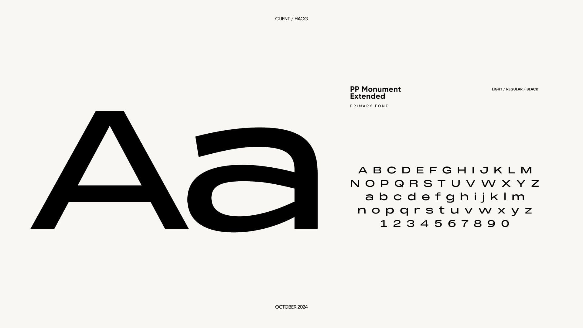 Type specimen for PP Monument Extended: a large “Aa” beside the full alphabet and numerals, weights Light, Regular and Black