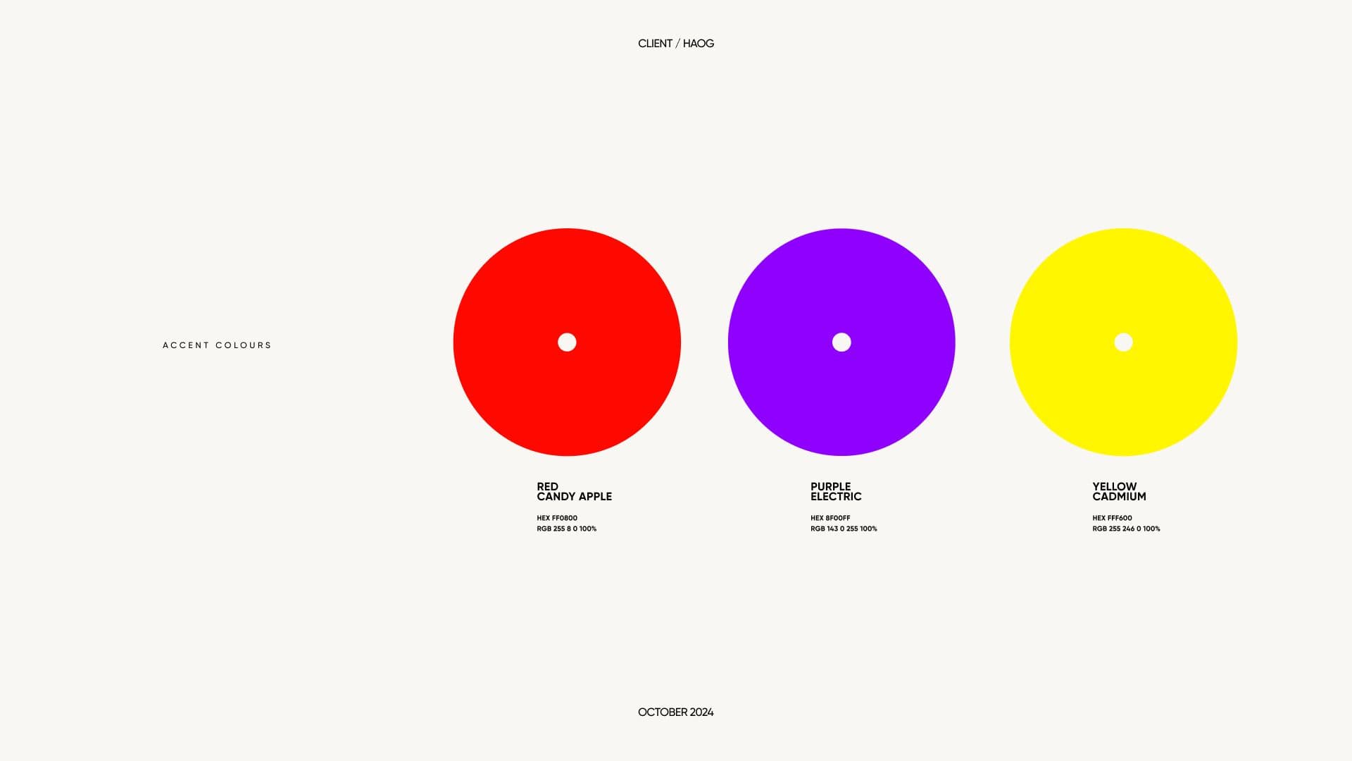 Accent colours: Red Candy Apple HEX FF0800, Purple Electric HEX 8F00FF and Yellow Cadmium HEX FFF600