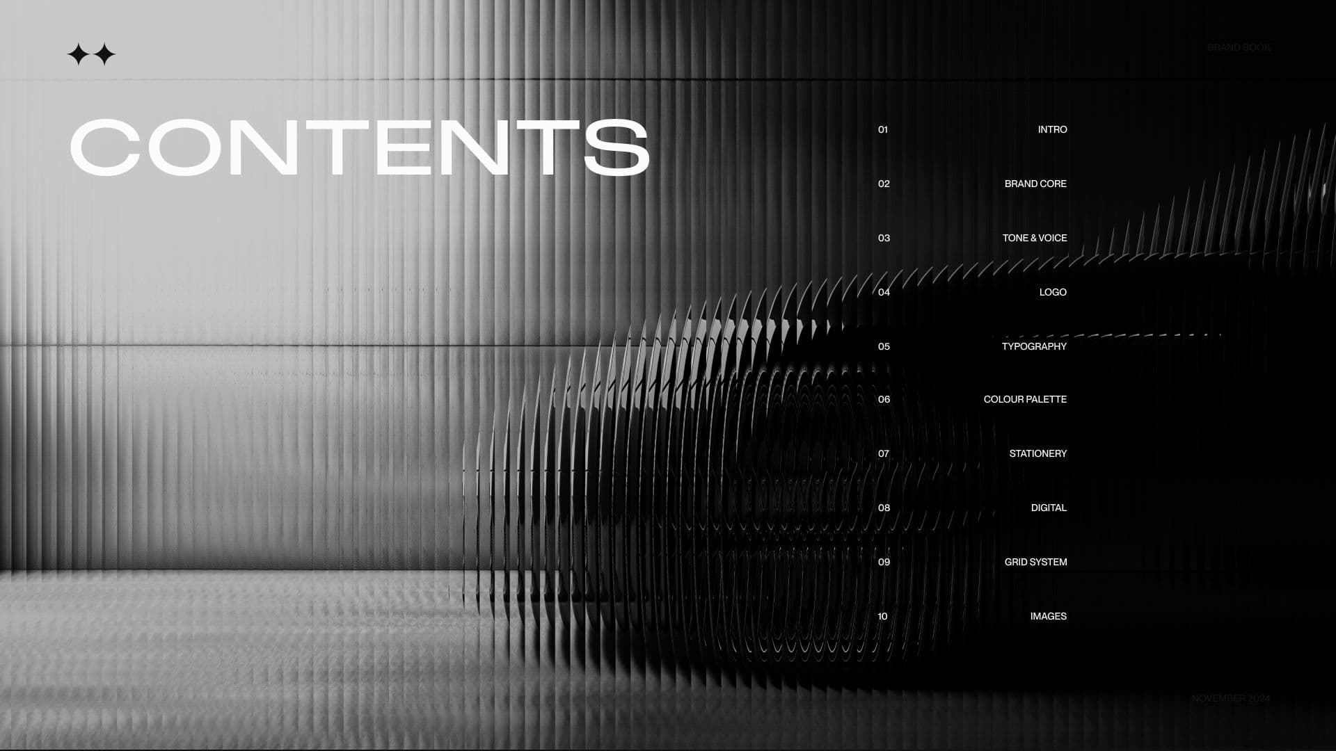 Contents slide over a monochrome ribbed car form, listing intro, brand core, tone and voice, logo, typography, colour palette, stationery, digital, grid system and images