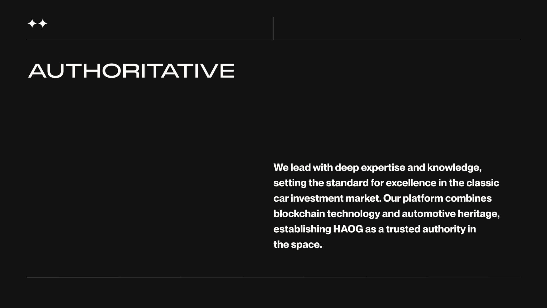 Tone-of-voice slide headed “Authoritative” on black, with a paragraph on setting the standard for excellence in classic-car investment