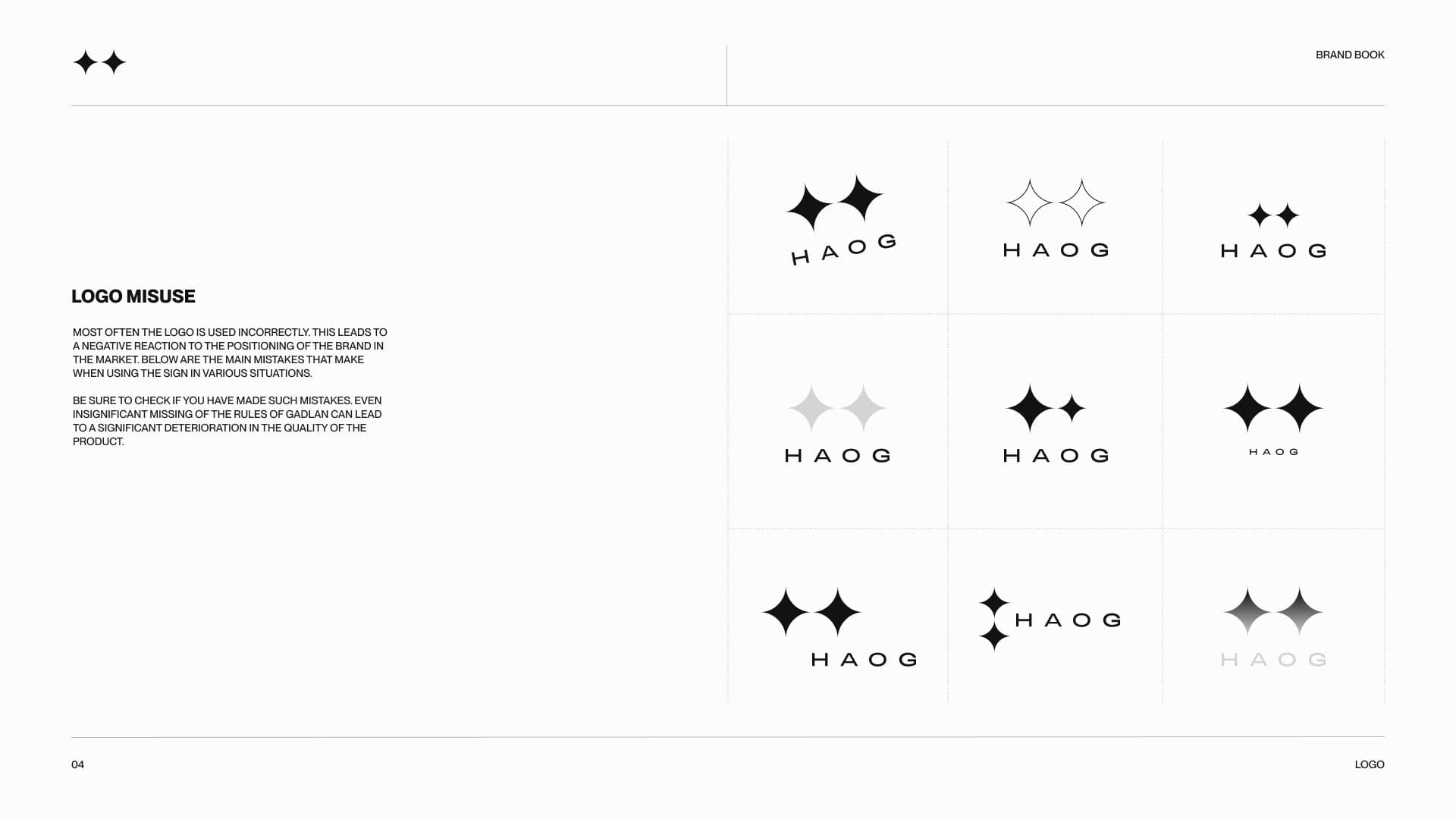 Logo misuse grid showing incorrect treatments of the HAOG logo — rotated, outlined, faded, re-spaced and re-arranged versions of the lockup