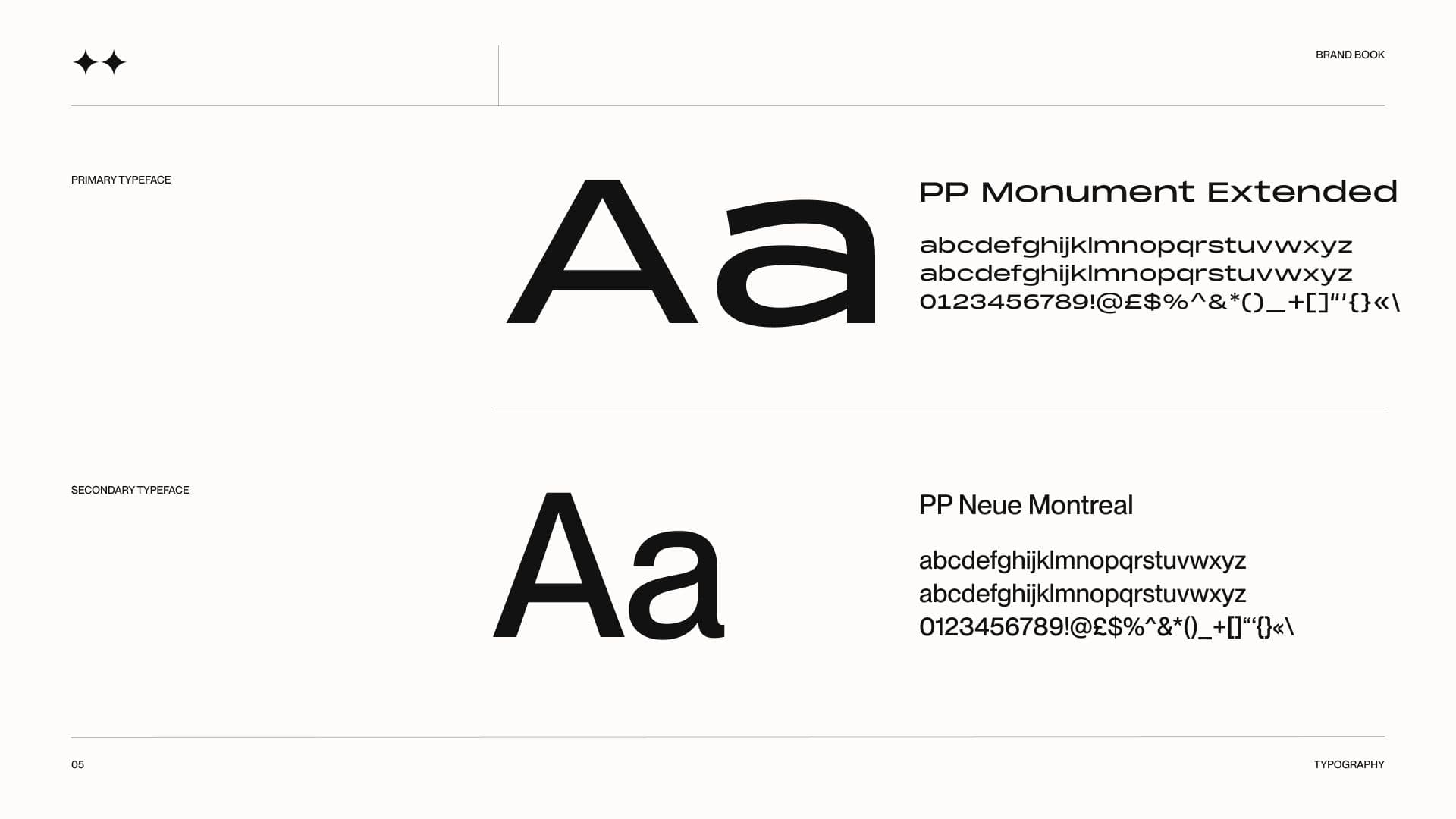 Typography slide pairing PP Monument Extended as primary typeface and PP Neue Montreal as secondary, each with alphabet and numerals