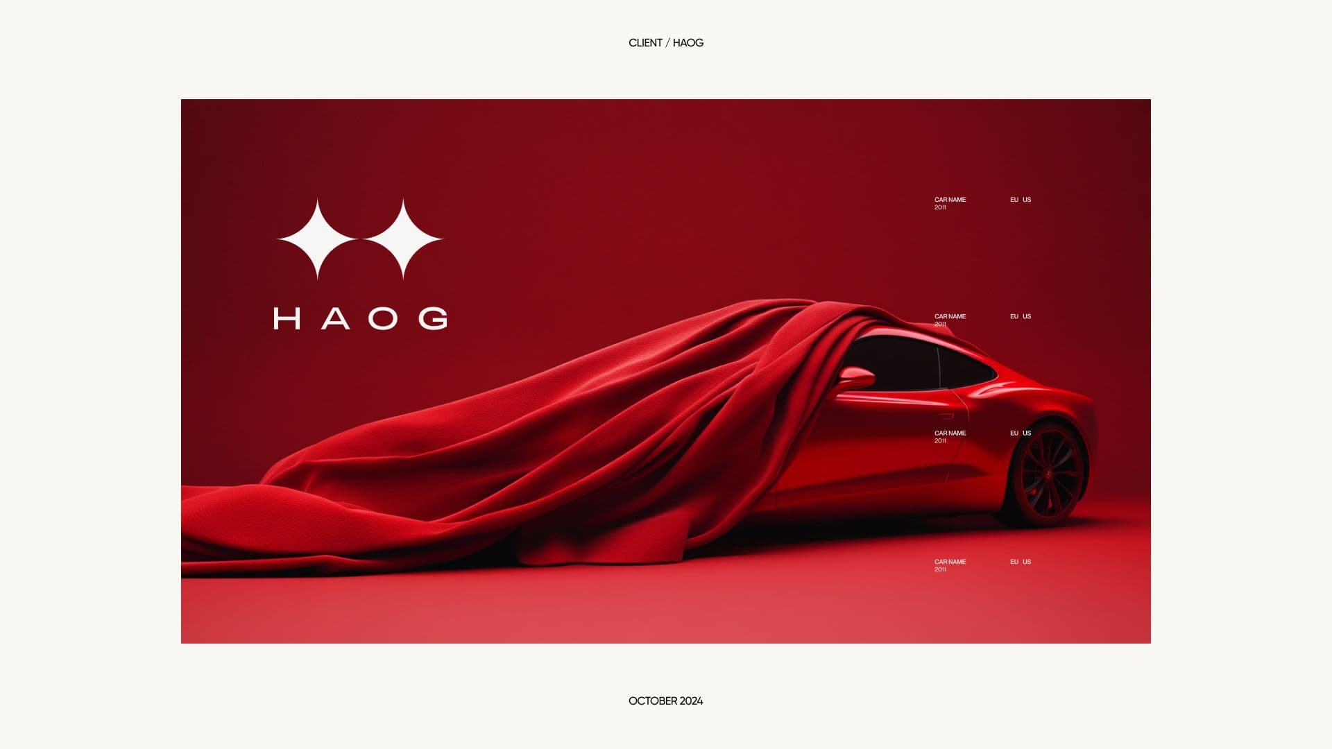 Key visual: a car under red silk on a red backdrop, with the white HAOG logo top left