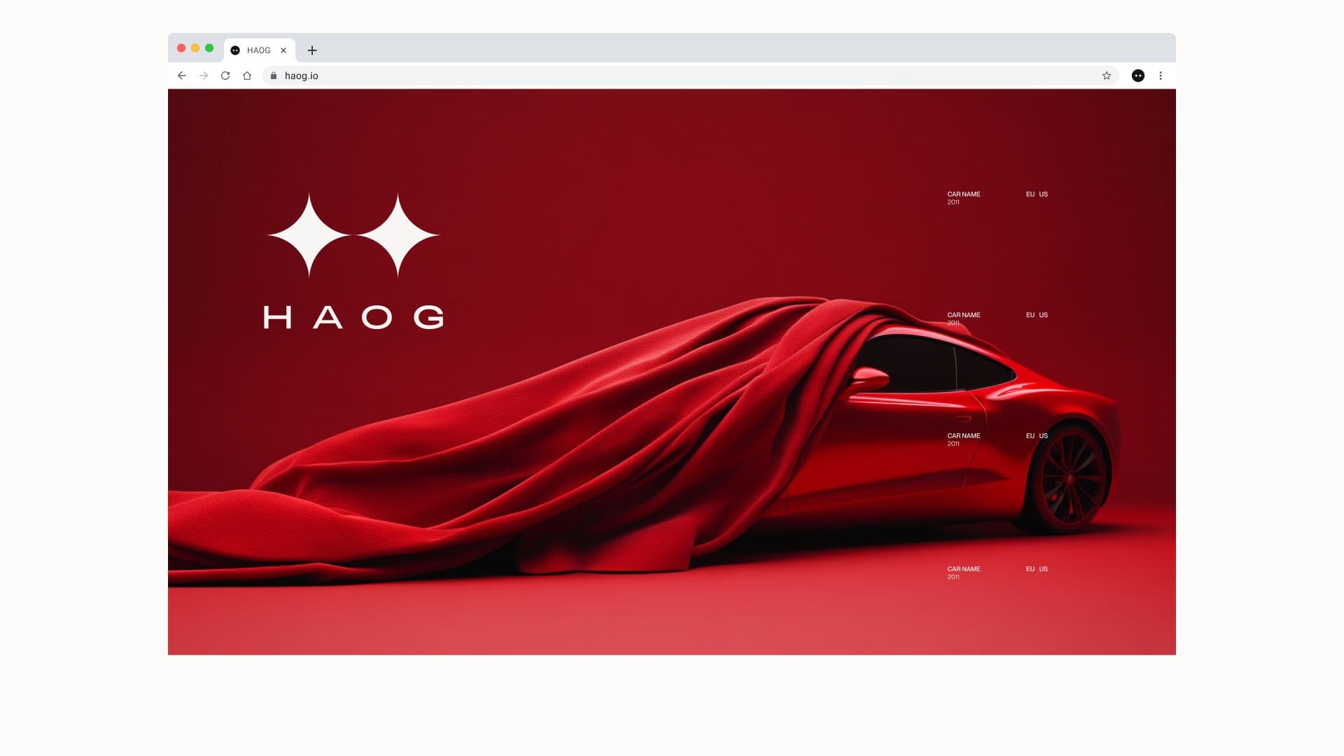 Website hero in a browser frame: a red car under silk with the HAOG logo and a list of cars down the right edge