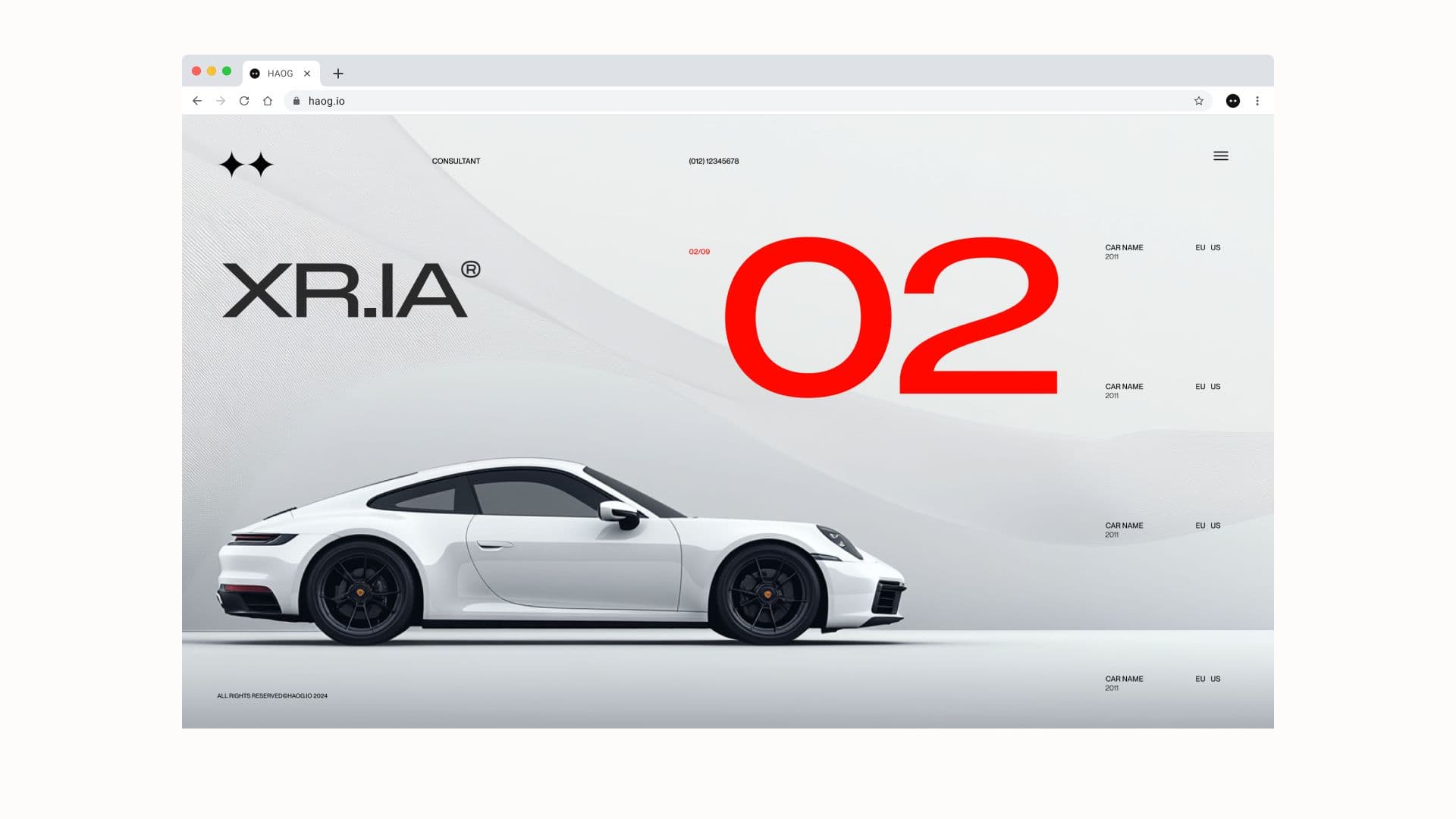 Website model page: a white Porsche on a light background beside a large red “02” and the model name in display type