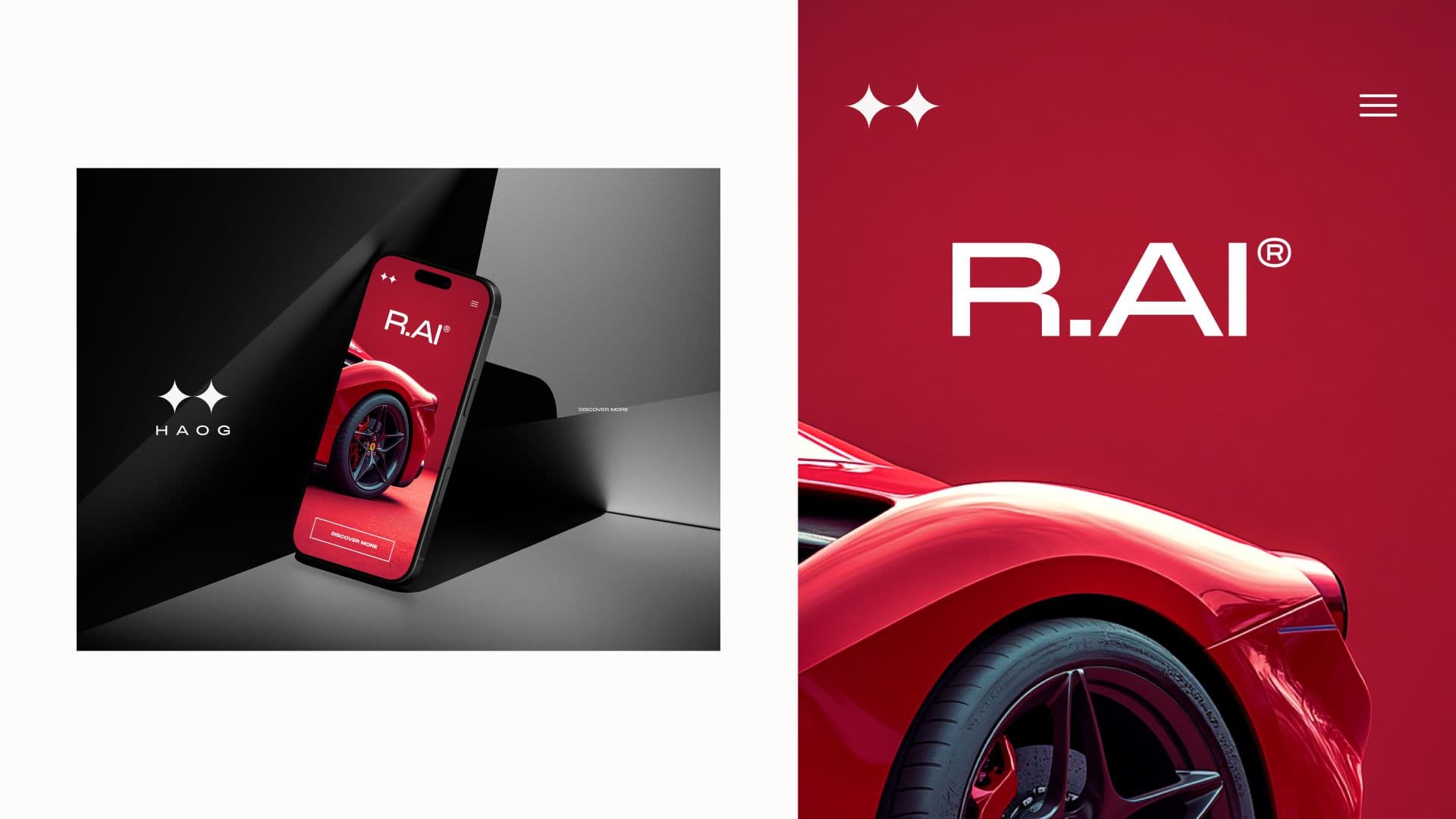 Mobile screens: a phone on a dark background showing a red car app, and a full red screen with the R.AI model name
