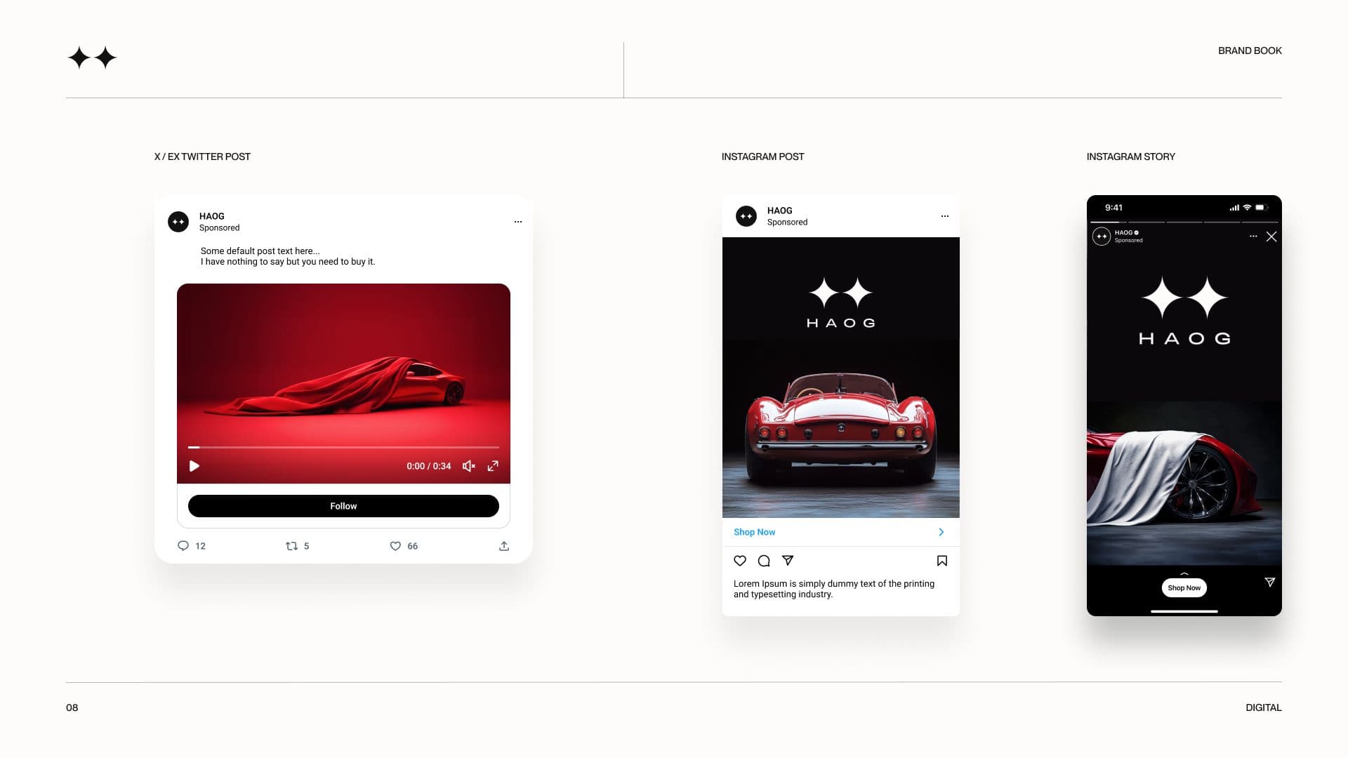 Social templates: an X post, an Instagram post and an Instagram story, each with HAOG branding and car photography