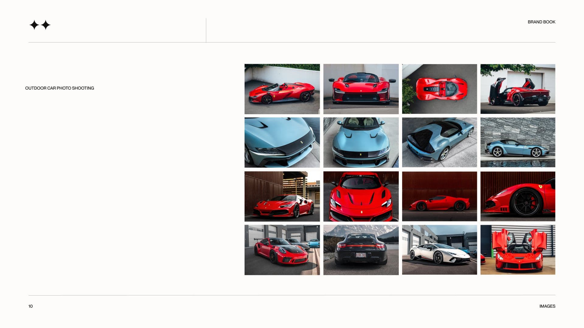 Image-library slide: a grid of outdoor photographs of red, blue and white sports cars