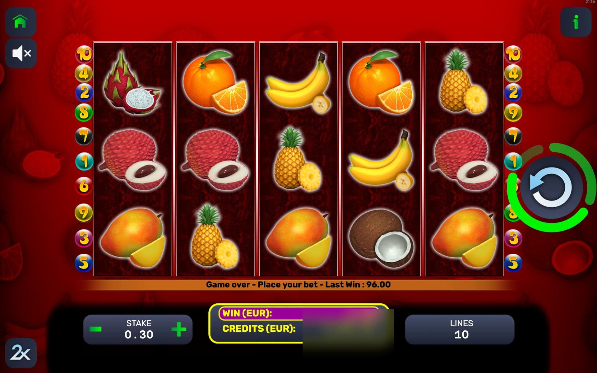Asia Fruits — base game screen (5×3 · 10 lines · Expanding symbol)