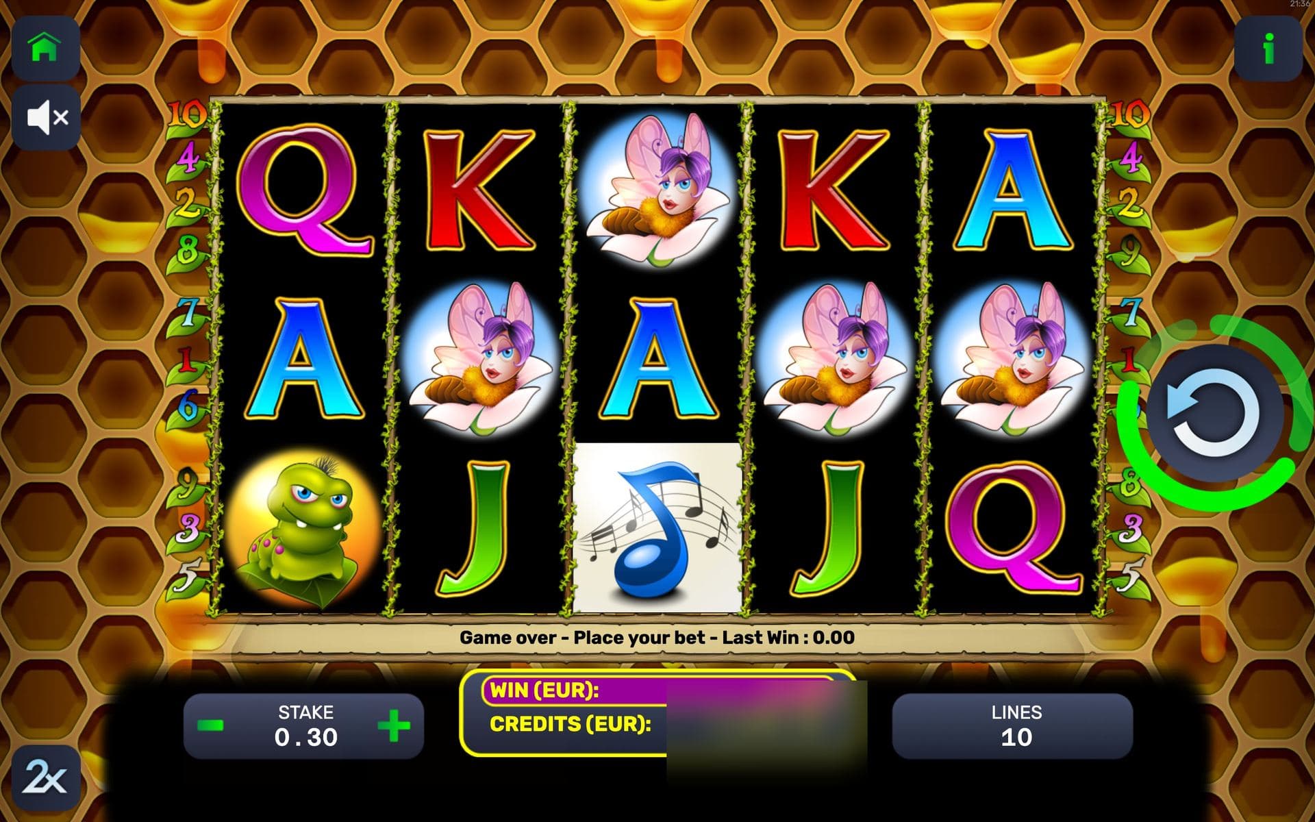 Bees N' Bugs — base game screen (5×3 · 10 lines · 10 free spins)
