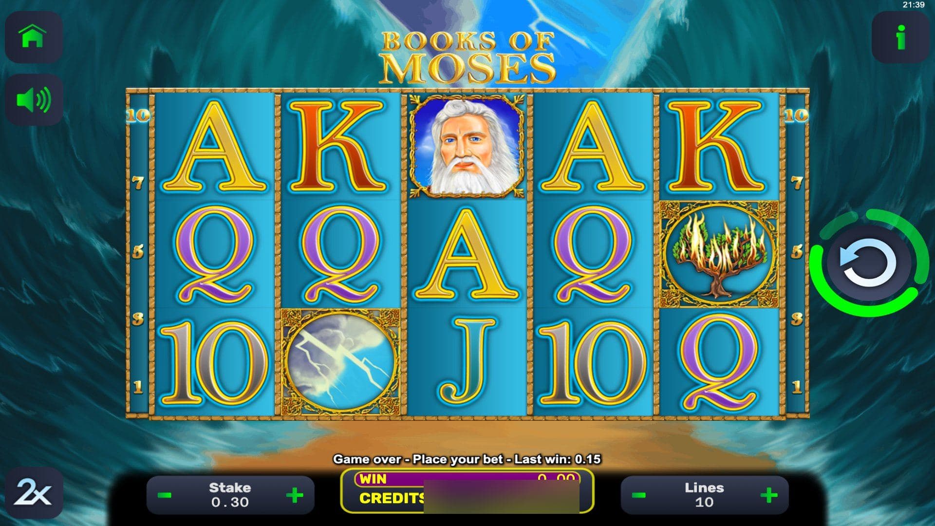 Books of Moses — base game screen (5×3 · 10 lines)