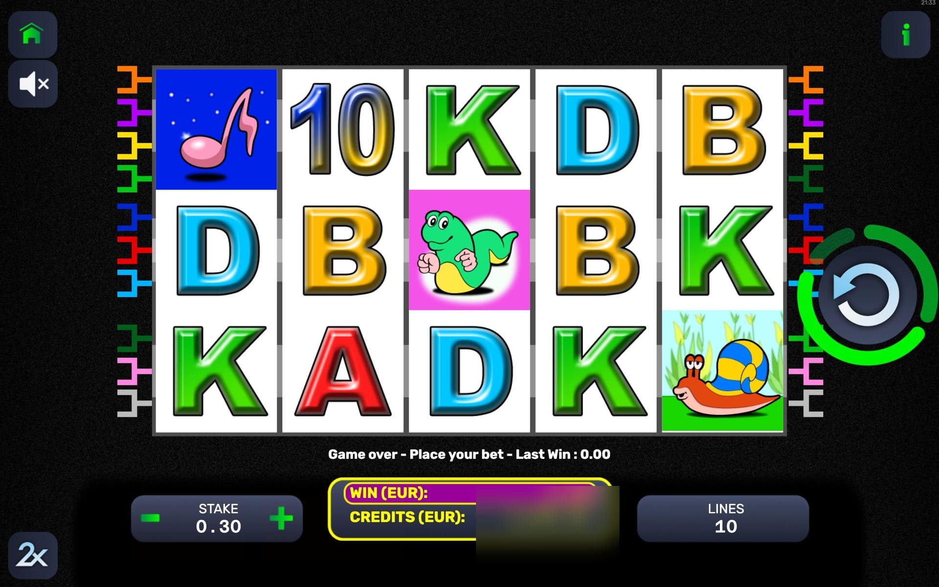 Busy Bee — base game screen (5×3 · 10 lines · Free spins)