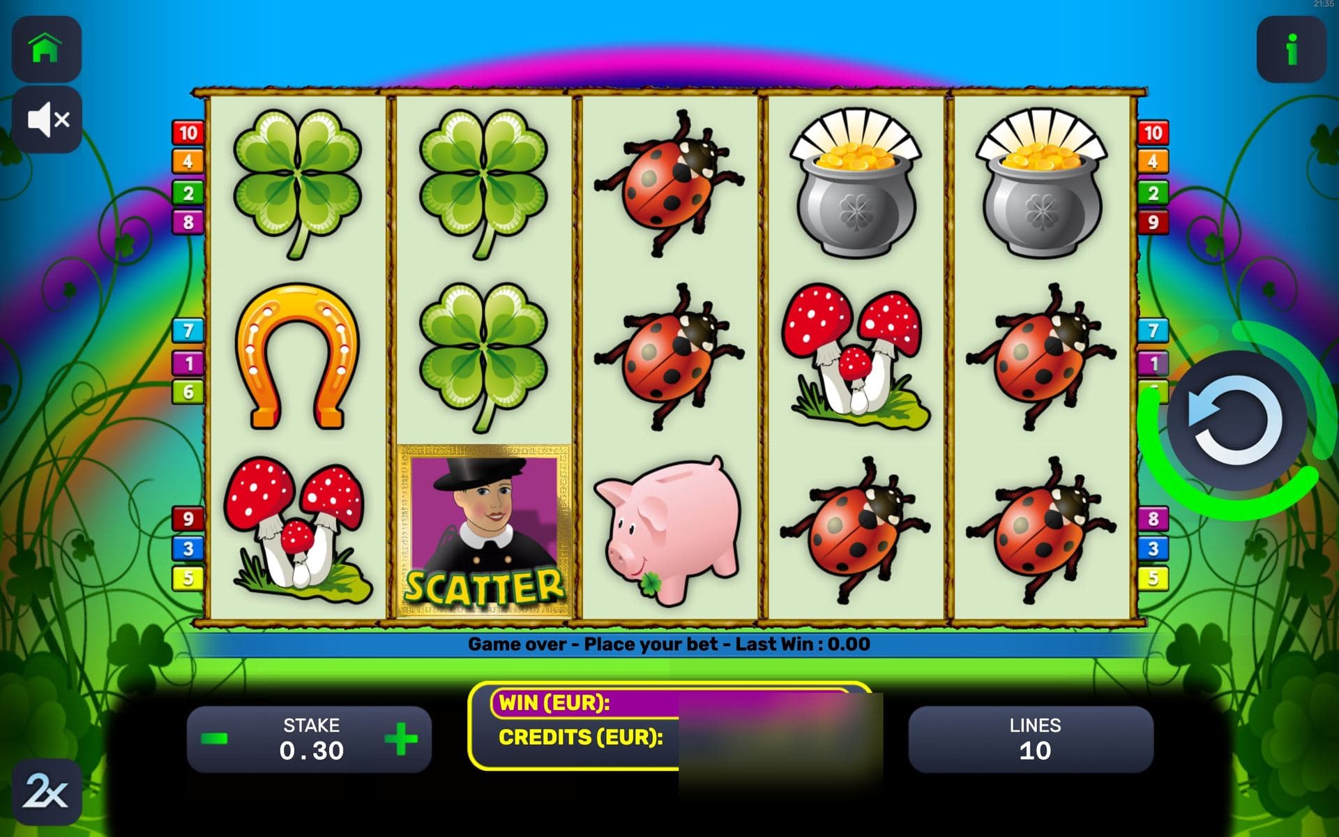 Good Luck — base game screen (5×3 · 10 lines · Free spins)