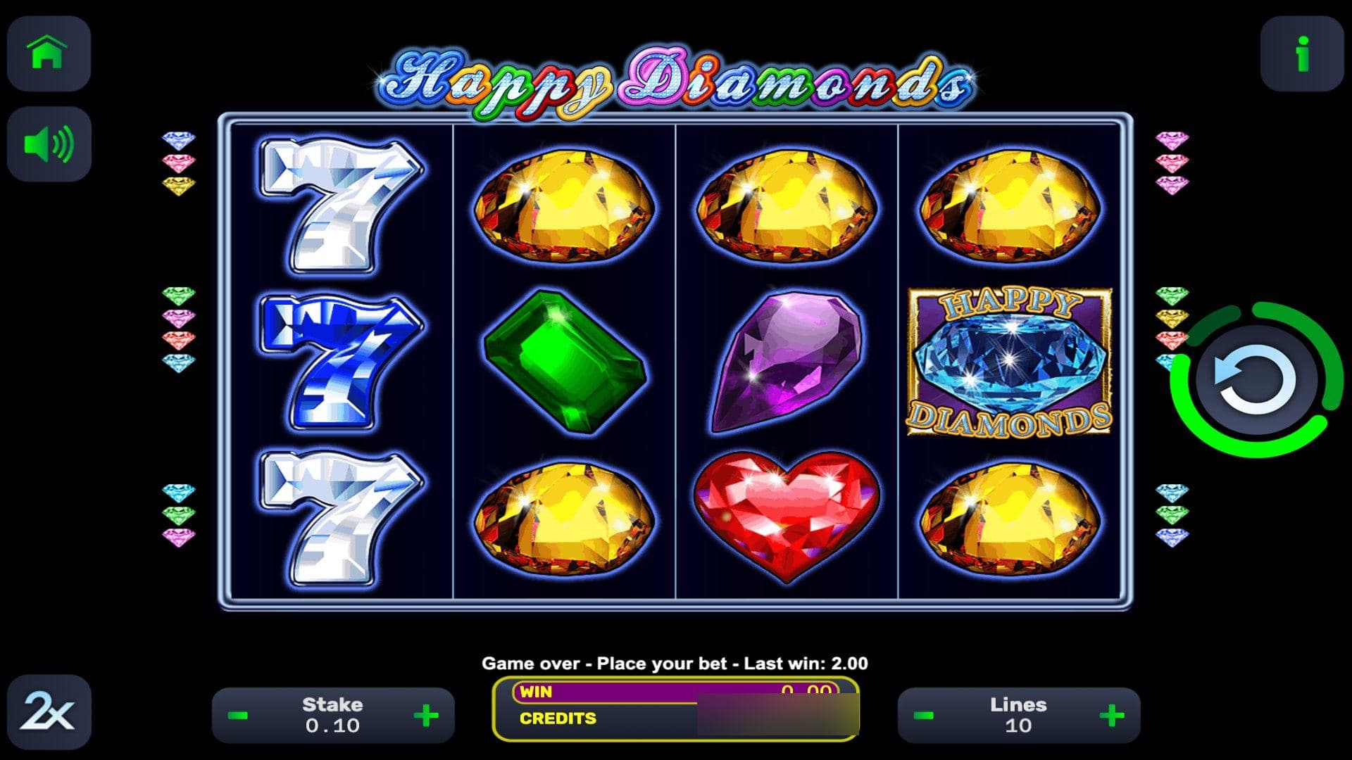 Happy Diamonds — base game screen (4×3 · 10 lines)