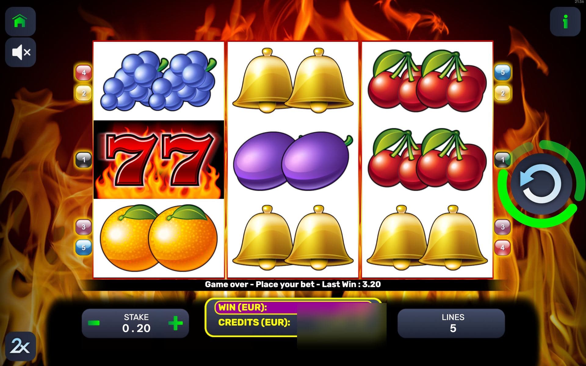Hot Reel — base game screen (3×3 · 5 lines)