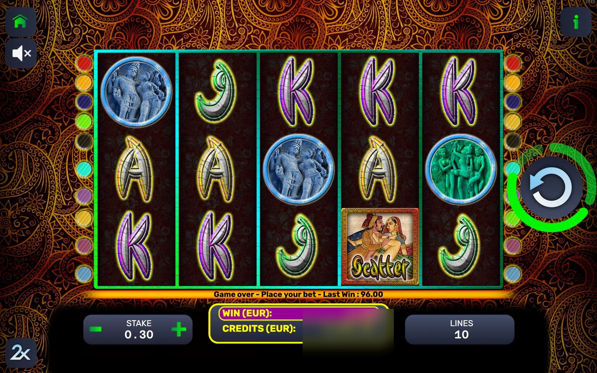 Kamasutra — base game screen (5×3 · 10 lines · Expanding symbol)