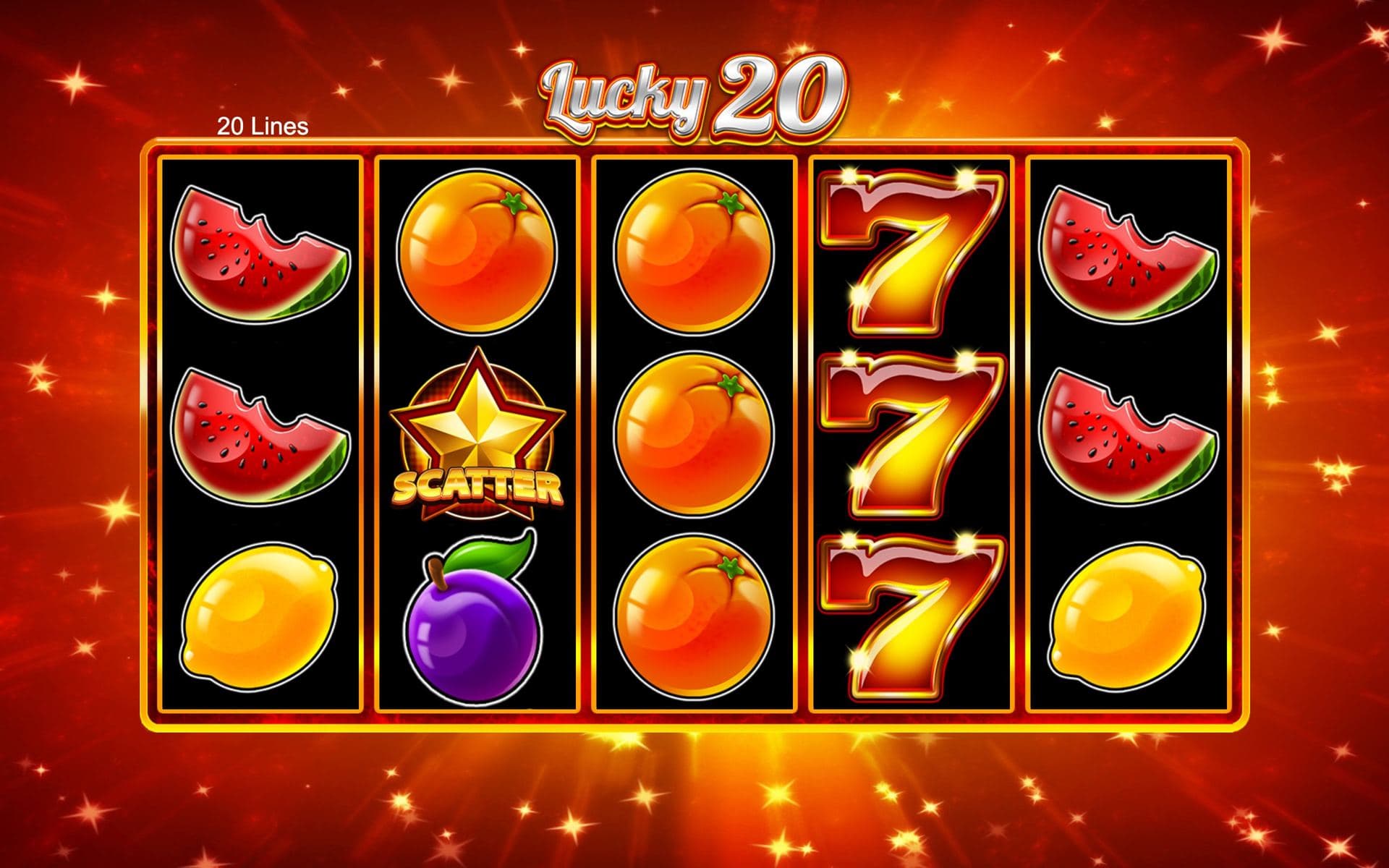 Lucky 20 — base game screen (5×3 · 20 lines · Jackpot)