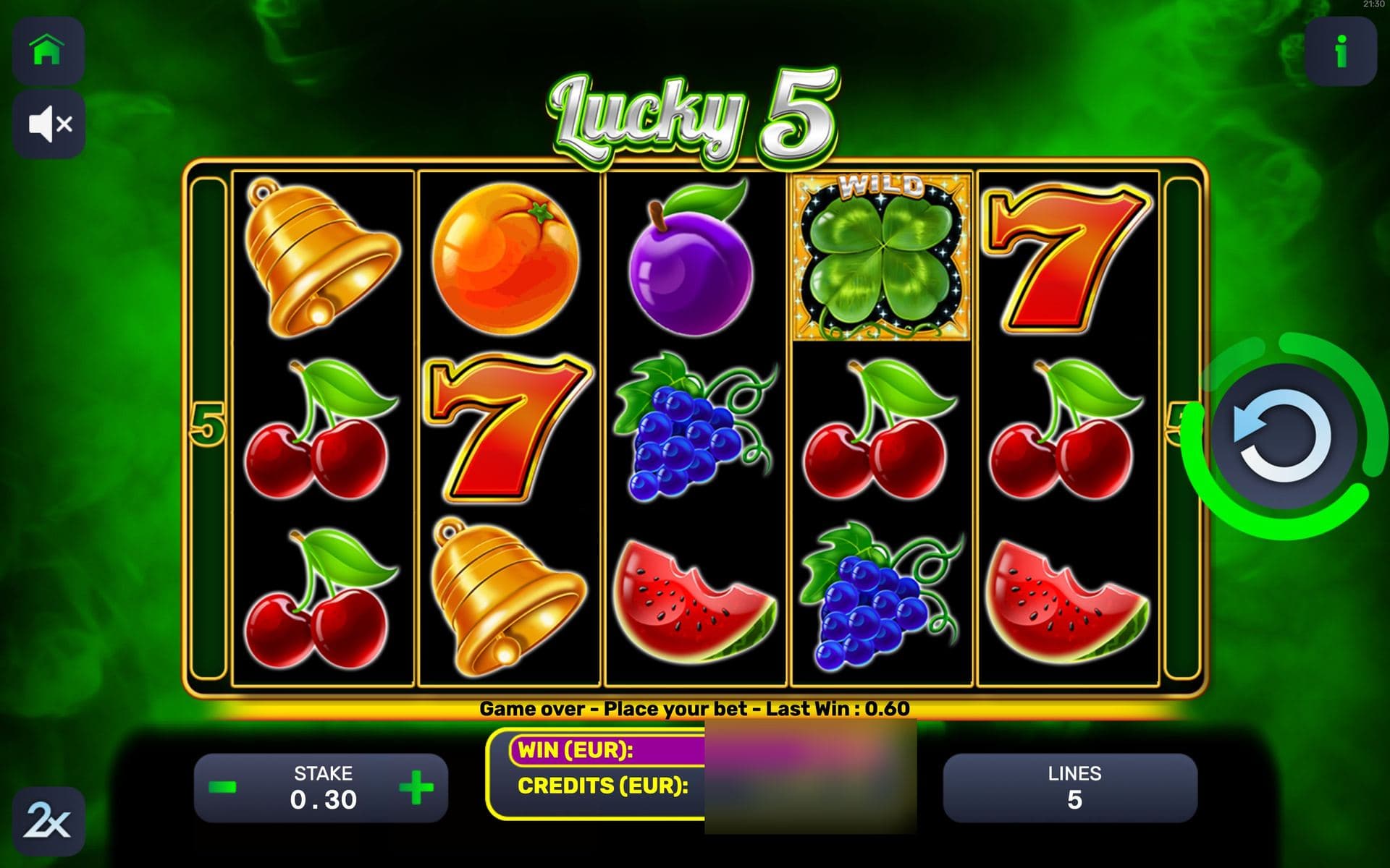 Lucky 5 — base game screen (5×3 · 5 lines · Expanding wild)