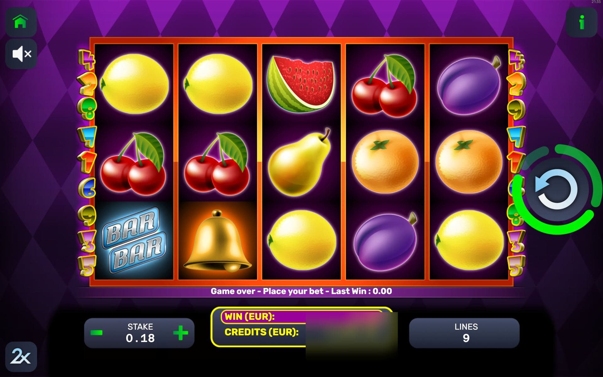Magic Bell — base game screen (5×3 · 9 lines · Up to 20 free games)