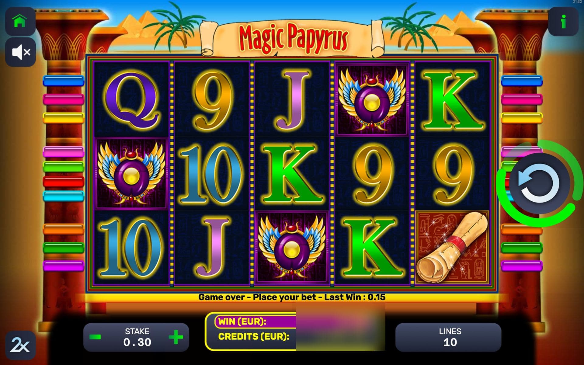 Magic Papyrus — base game screen (5×3 · 10 lines · 10 free games)