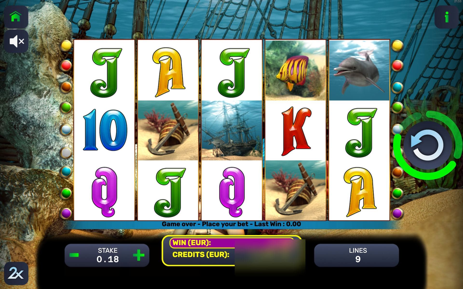Mermaid's Treasure — base game screen (5×3 · 9 lines · 15 free games)