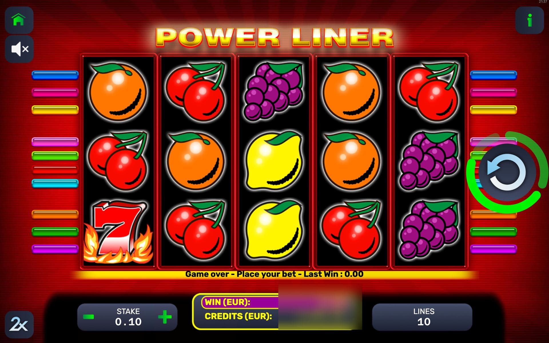 Power Liner — base game screen (5×3 · 10 lines)