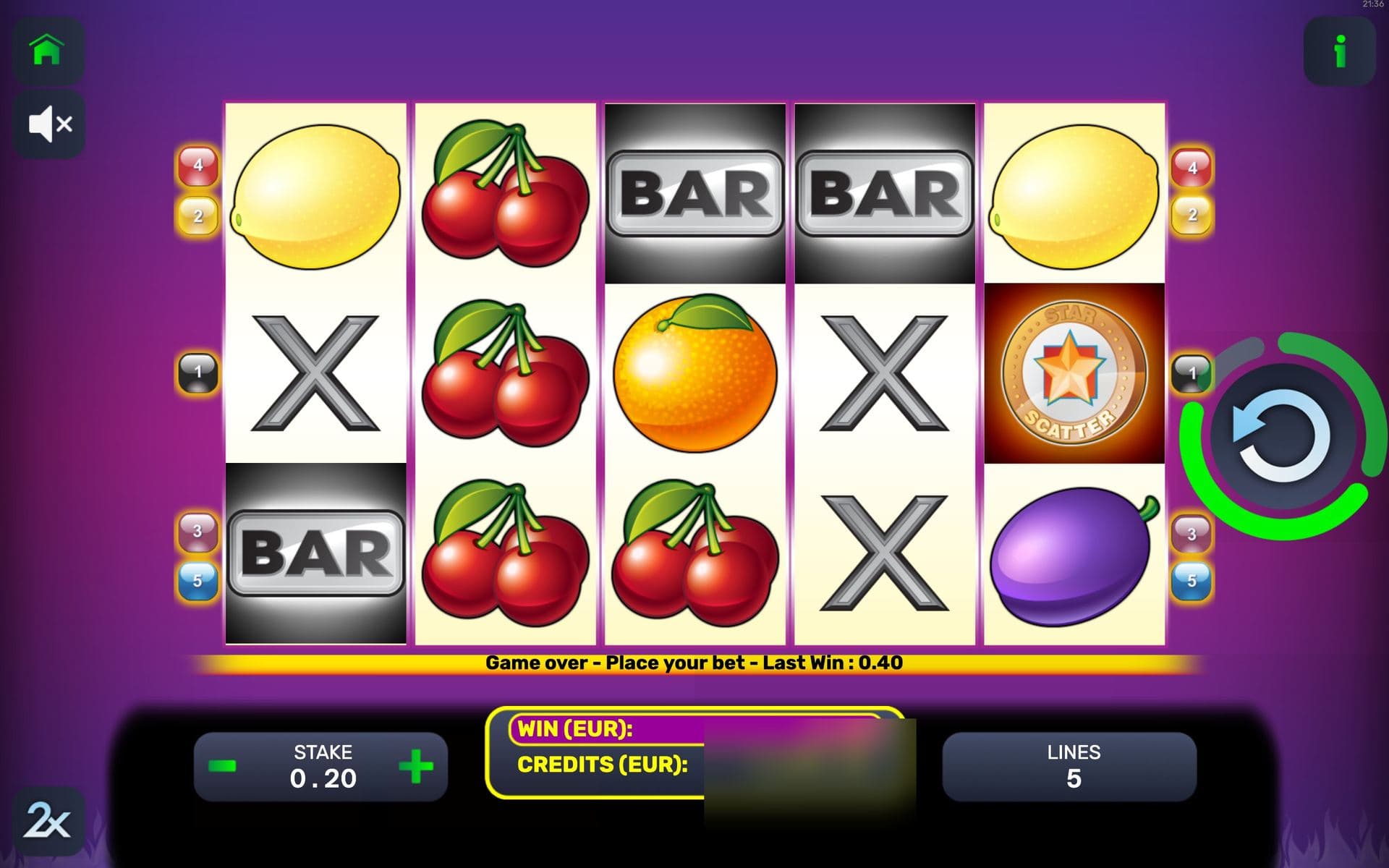 Purple Heat — base game screen (5×3 · 5 lines)