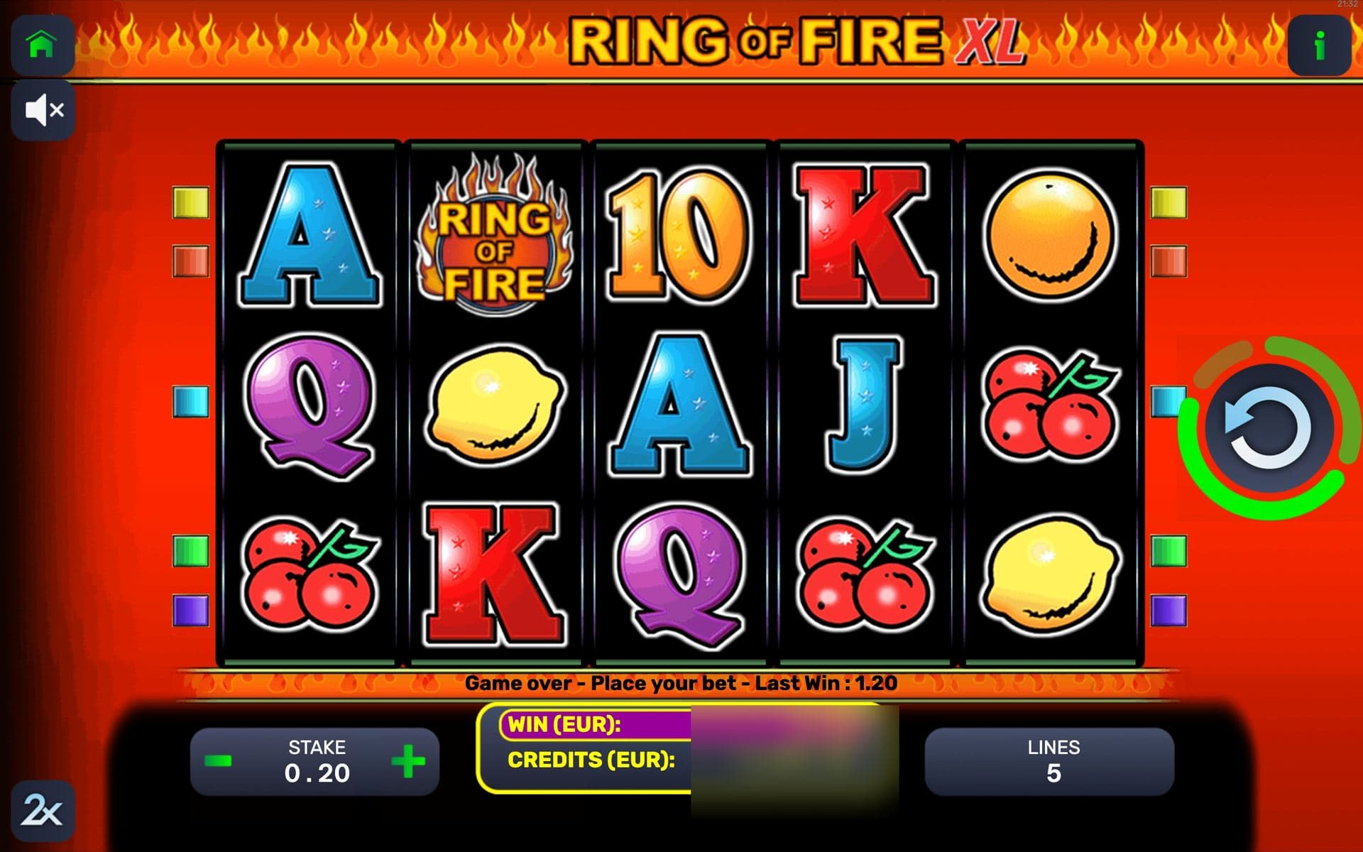 Ring of Fire XL — base game screen (5×3 · 5 lines · Free spins)