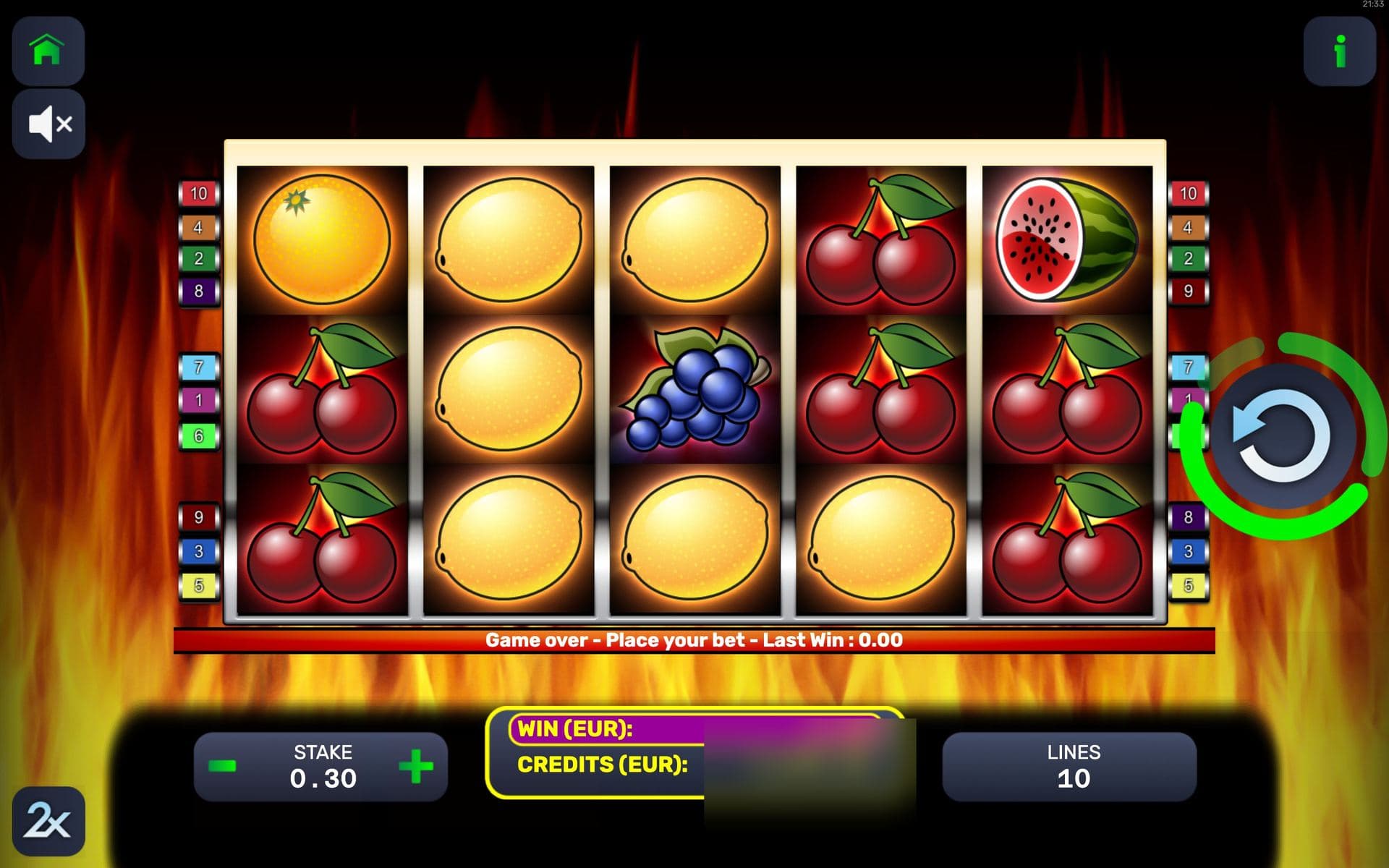 Sicilian 7 — base game screen (5×3 · 10 lines · Free spins)