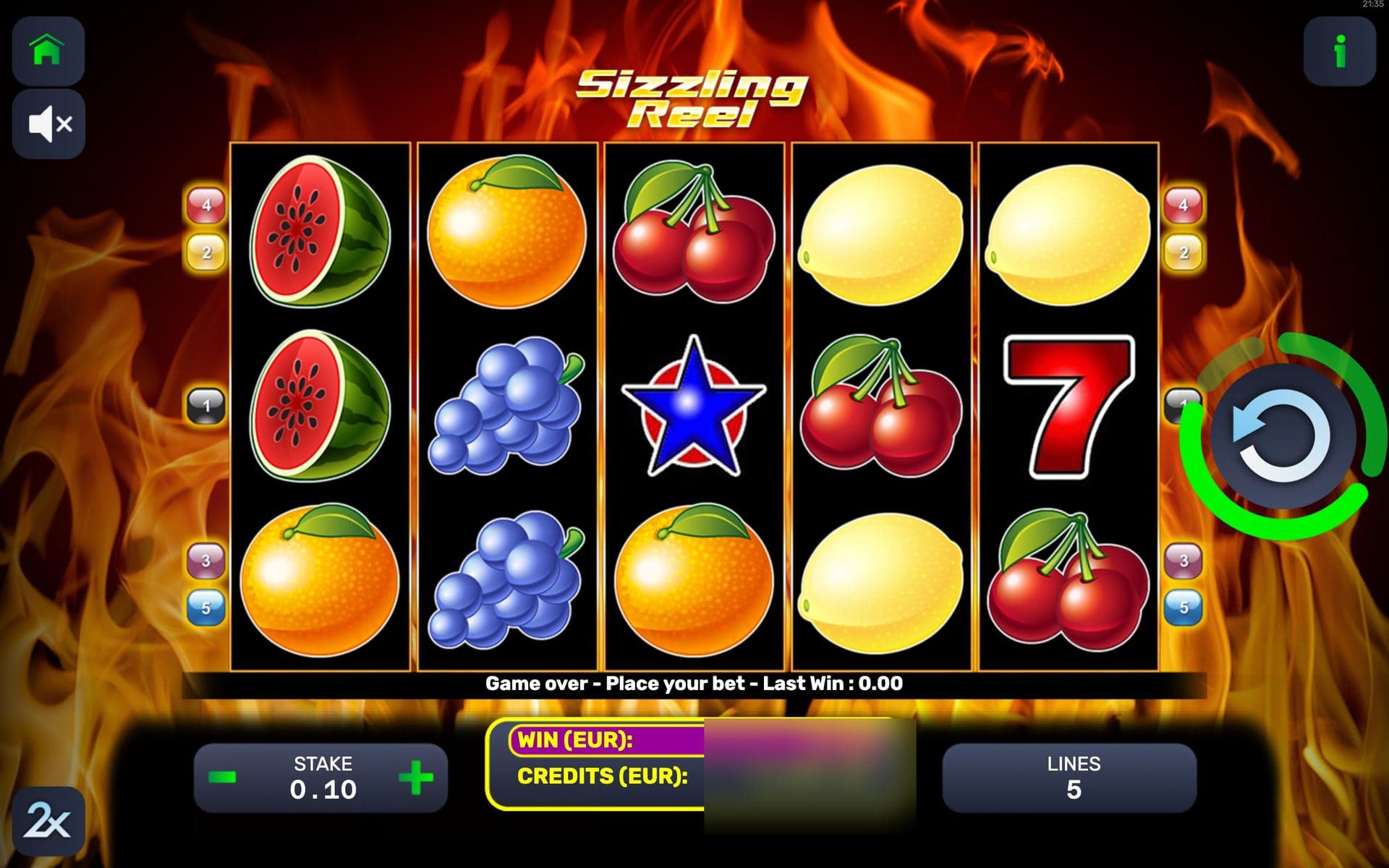 Sizzling Reel — base game screen (5×3 · 5 fixed lines)